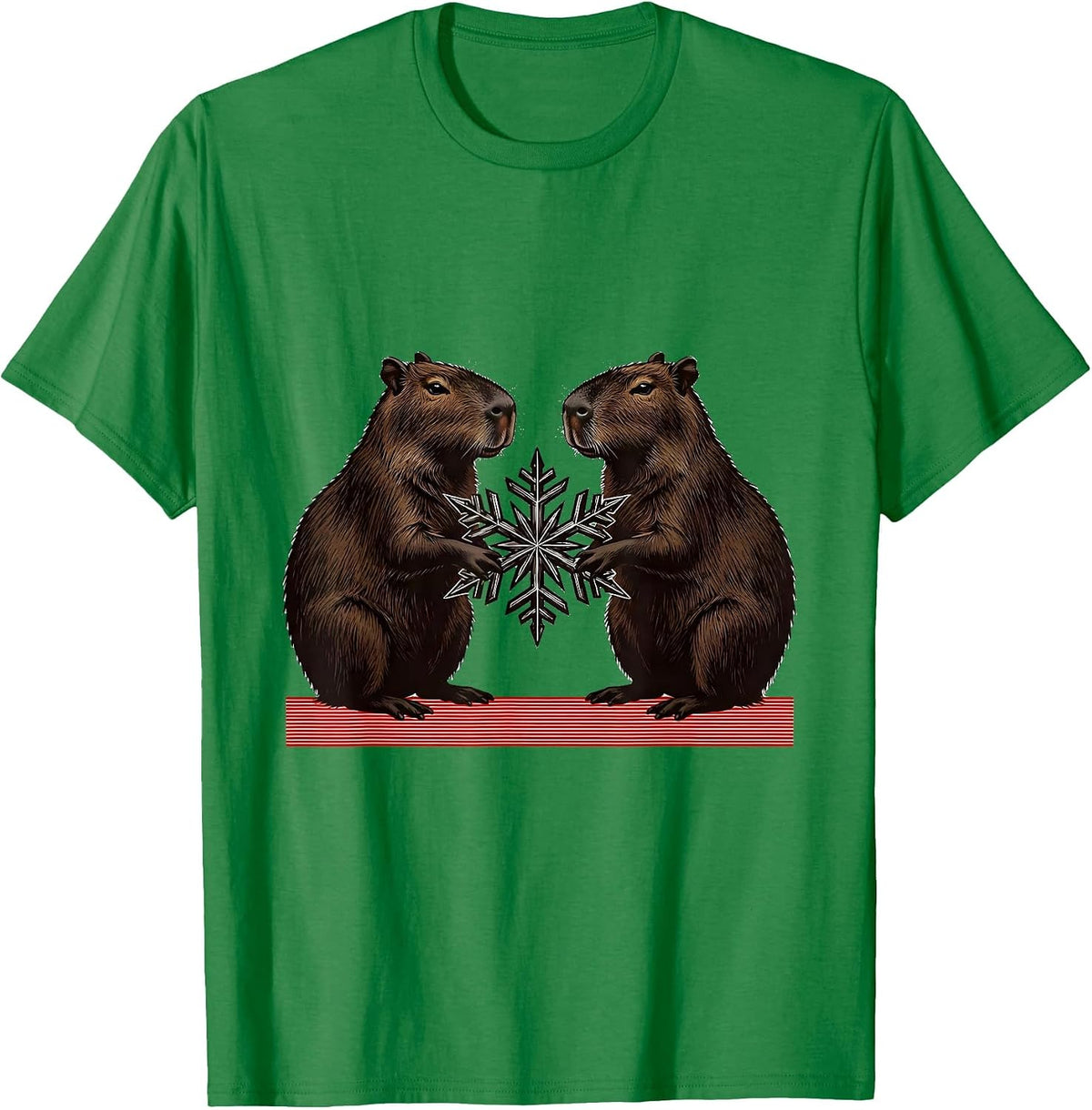 Men's Mirrored Capybaras Snowflake Wood Type Letterpress Christmas T-Shirt - Kelly Green