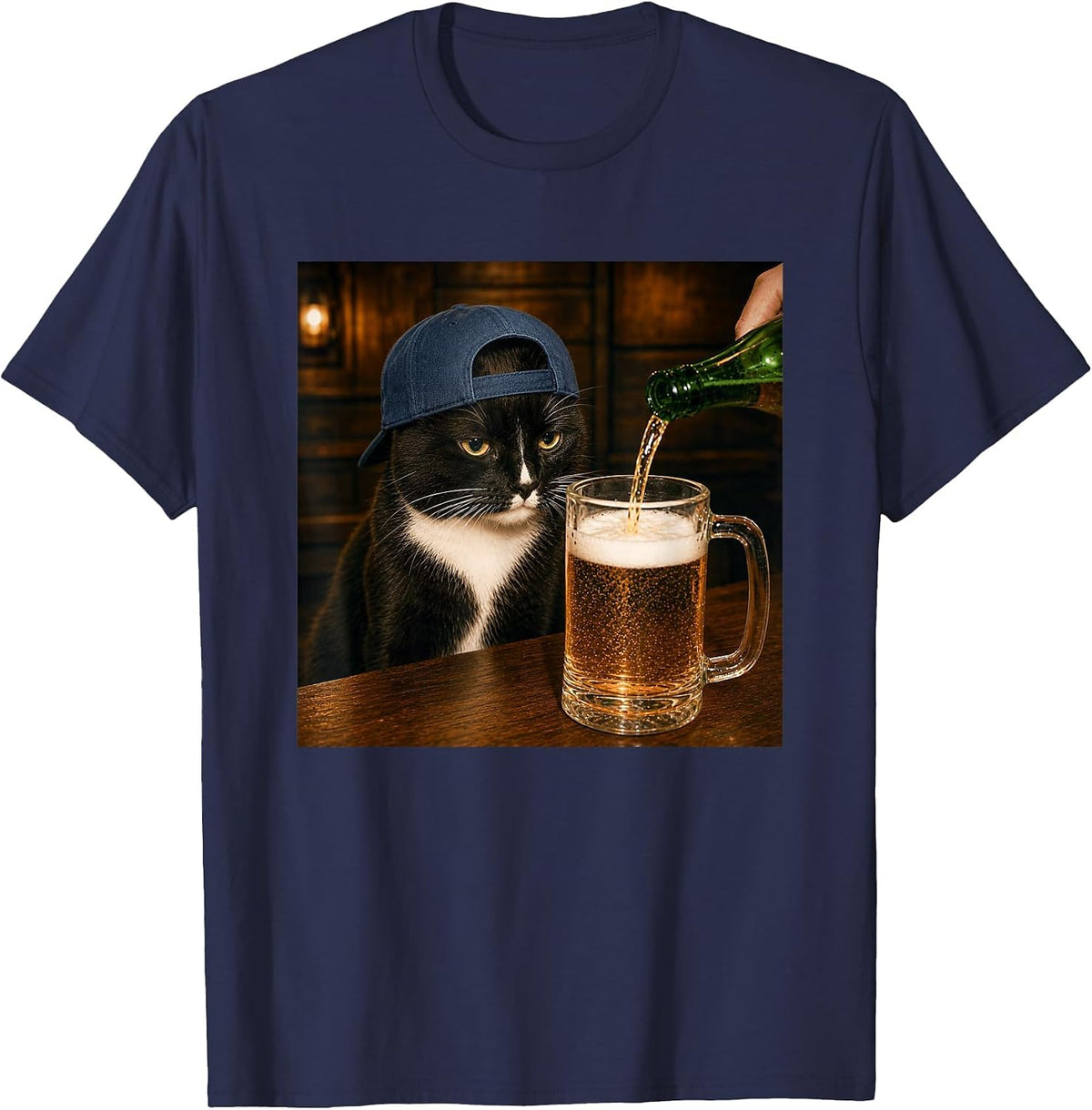 Funny Tuxedo Drinking Beer Cat Meme T-Shirt - Navy Blue