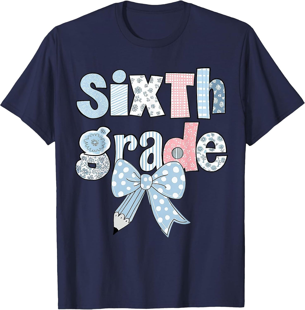 Sixth Grade Coquette Bow Pencil First Day Back to School T-Shirt - Navy Blue