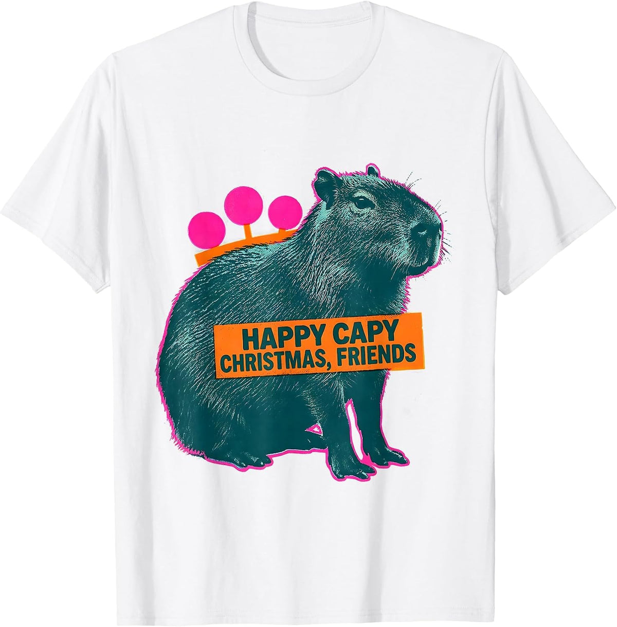 Men's Happy Capy Christmas, Friends Risograph Capybara Lover T-Shirt - White