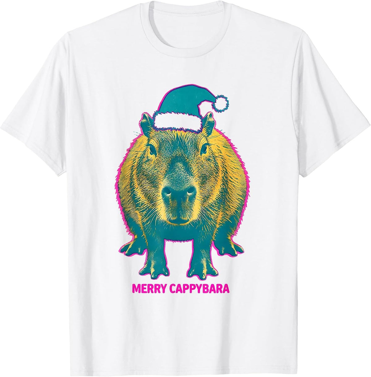 Merry Cappybara Risograph Cute Capybara Christmas Santa Hat T-Shirt - White