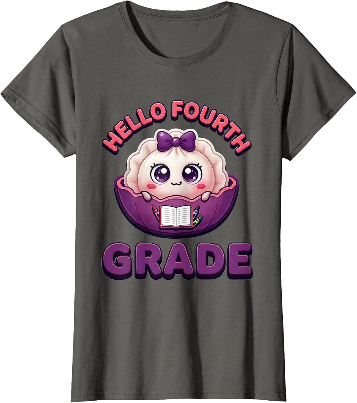 Hello Fourth Grade Cute Dumpling Back to School Girl Teacher T-Shirt, Women, Asphalt Grey, Small - As Pictured