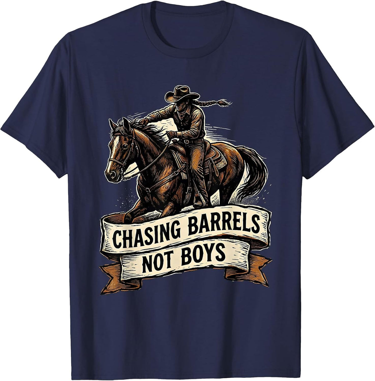 Chasing Barrels Not Boys Cowgirl Design T-Shirt - Navy Blue