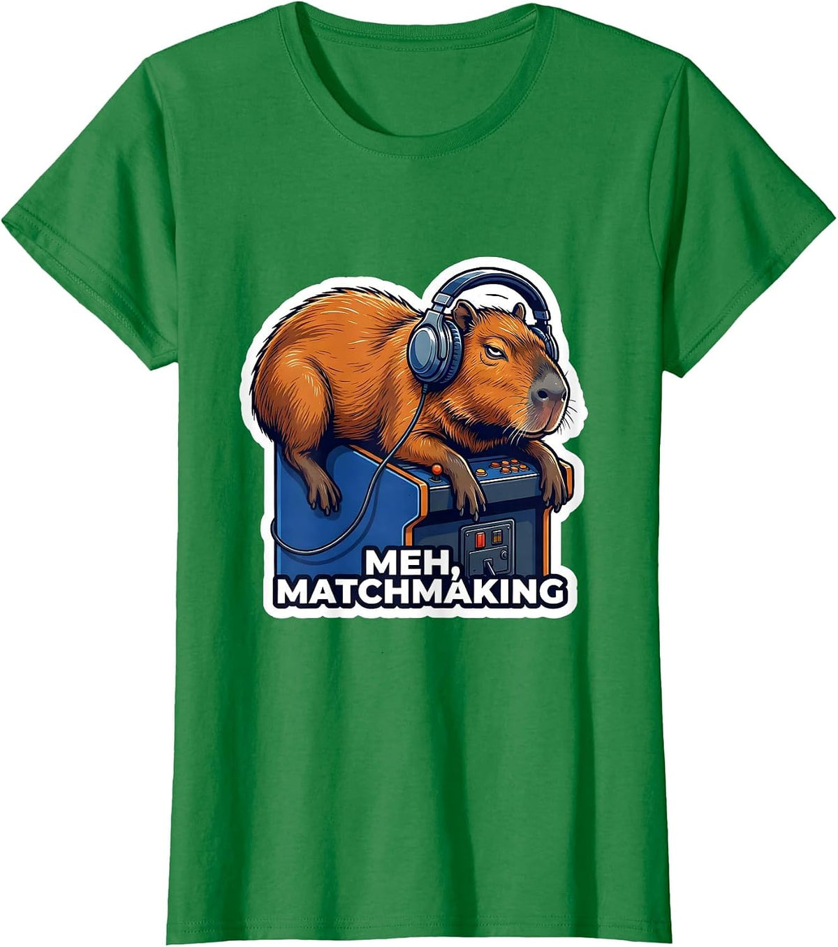 Meh, Matchmaking Sticker Style Funny Capybara Gamer Meme T-Shirt - Kelly Green