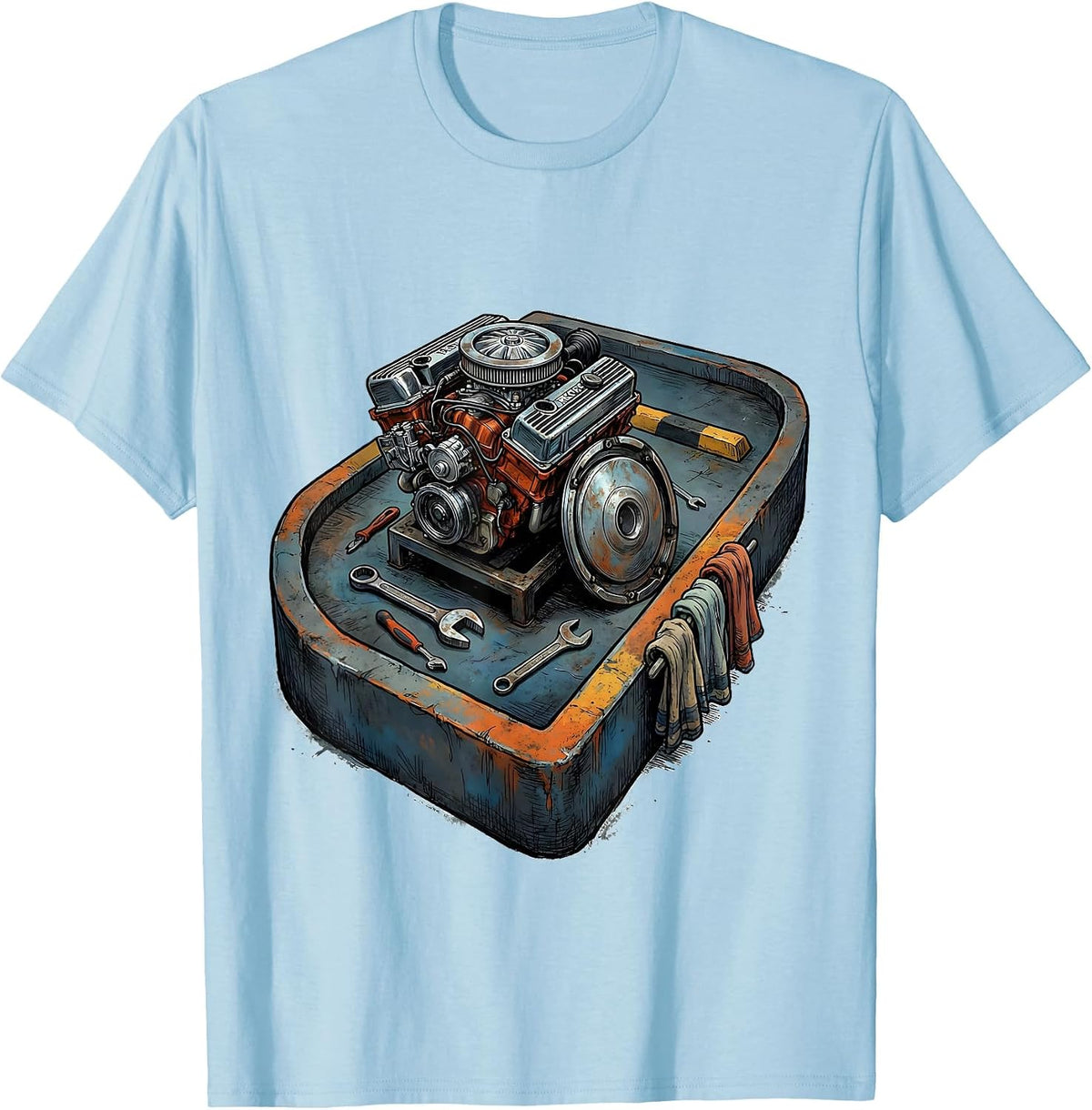 Men's V8 Engine Block Garage Floor Marker Funny Car Guy Mechanic T-Shirt - Baby Blue