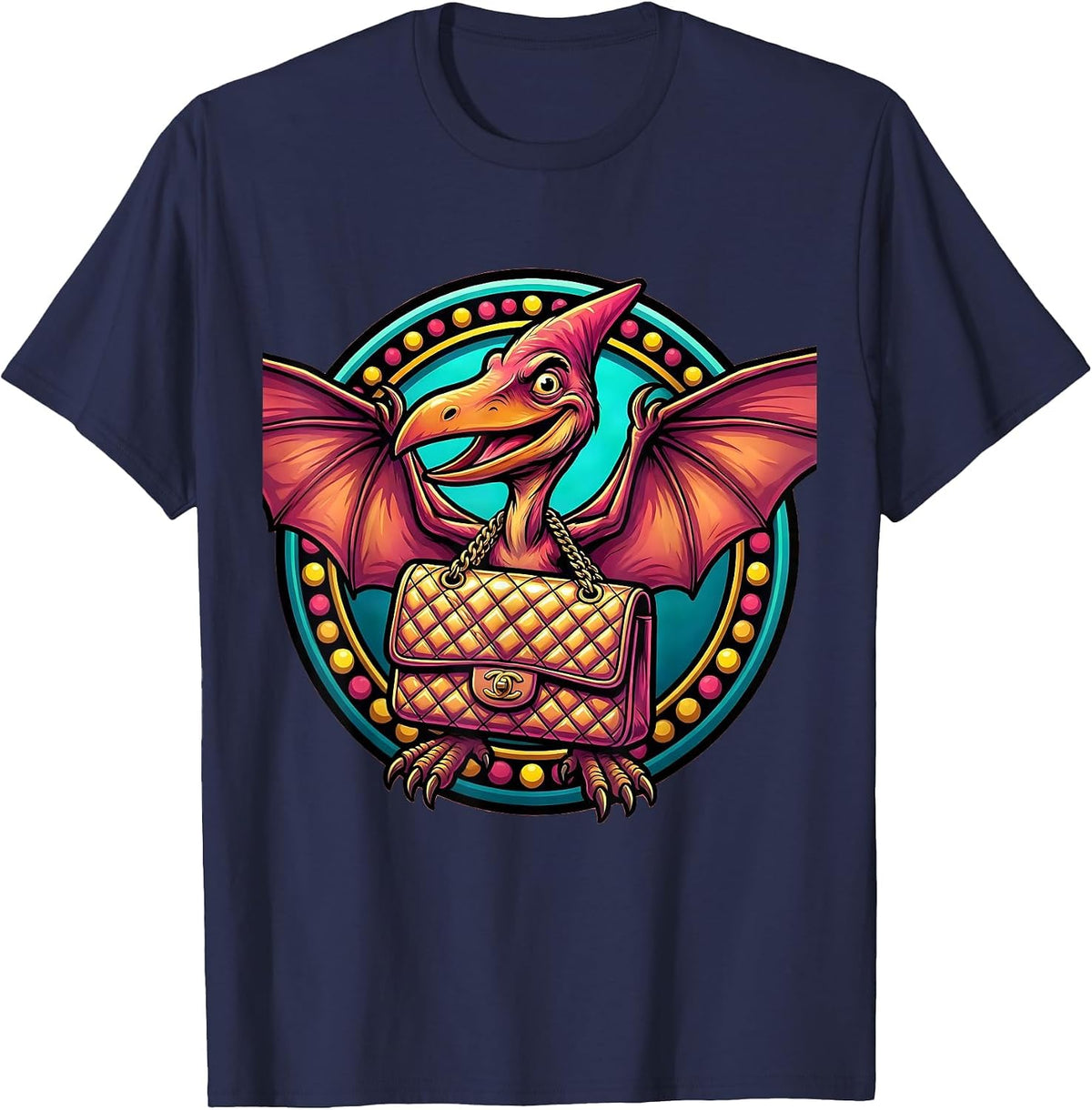 Pterodactyl Handbag Dinosaur Illustration T-Shirt - Navy Blue