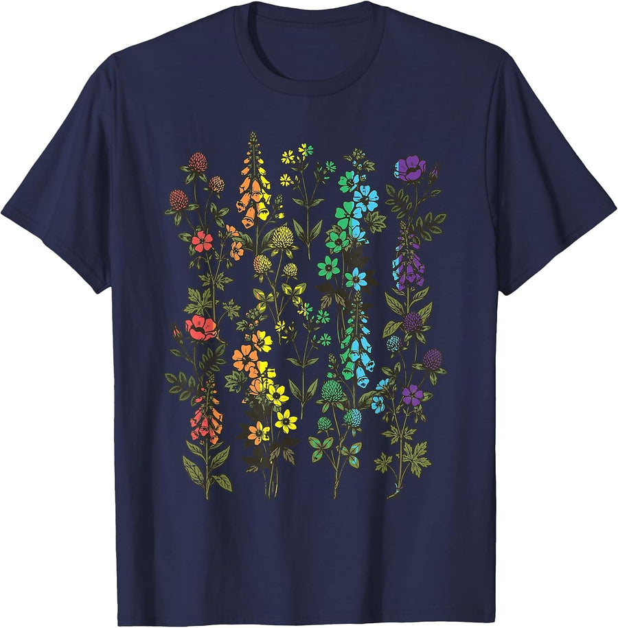 Gay Rainbow Wildflowers LGBTQ Pride Month Floral Men Women T-Shirt - Navy Blue