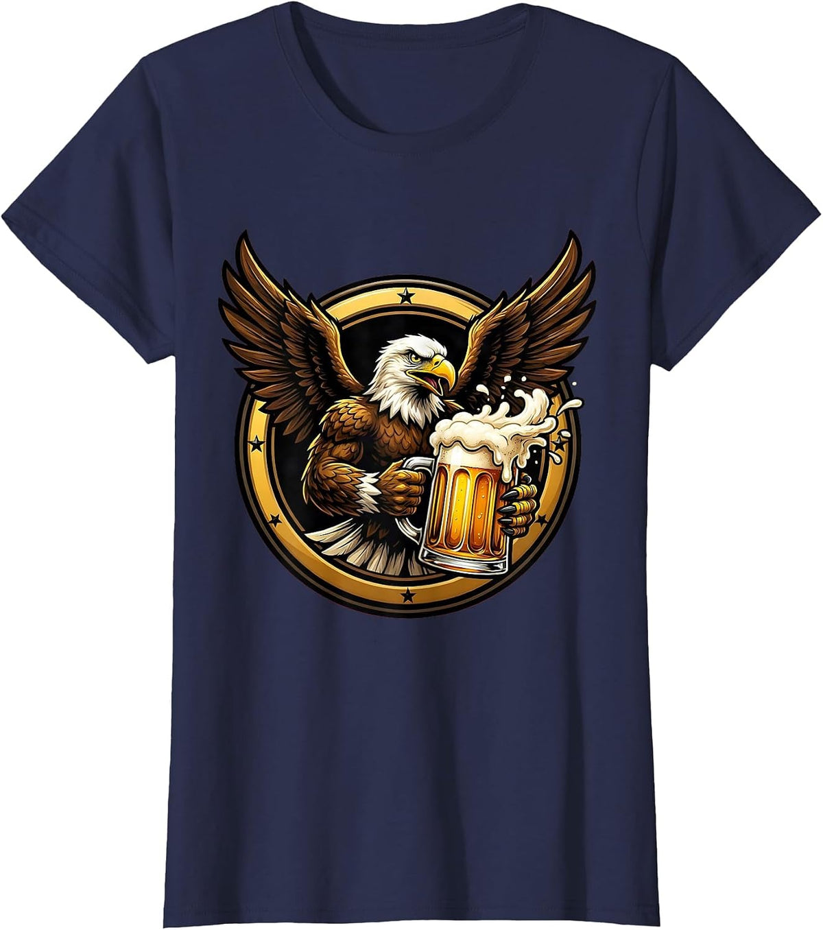 Women's Eagle Clutching Frothy Beer Mug Graphic T-Shirt - Navy Blue