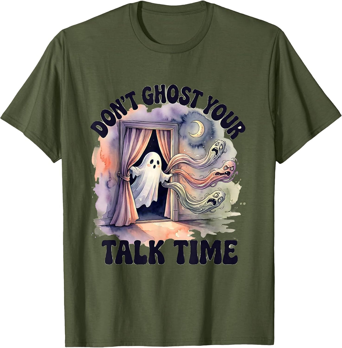 Men's Don't Ghost Your Talk Time Watercolor Ghost Mental Health T-Shirt - Olive Green