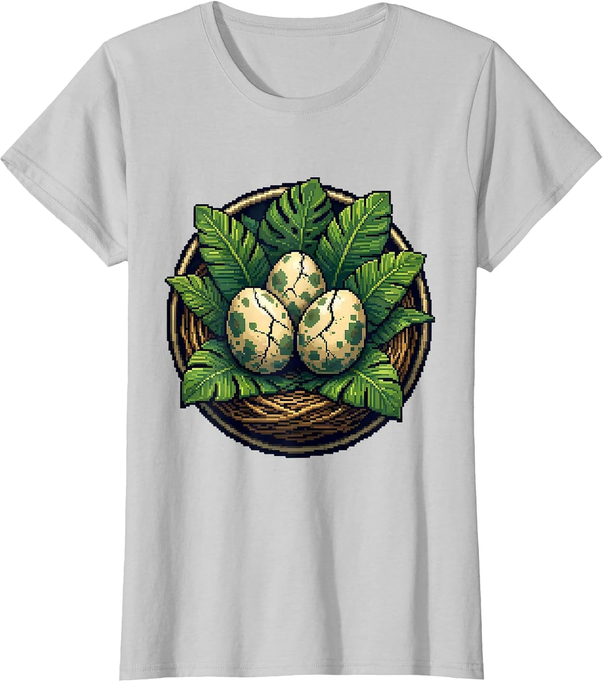 Dinosaur Eggs in Leafy Nest Close-Up Illustration T-Shirt - Silver Grey