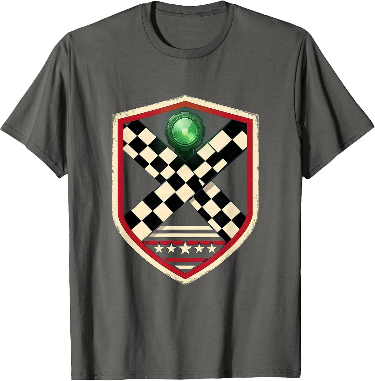Sealed Shield Badge Racing Fan American Flag Checkered Flag T-Shirt - Asphalt Grey