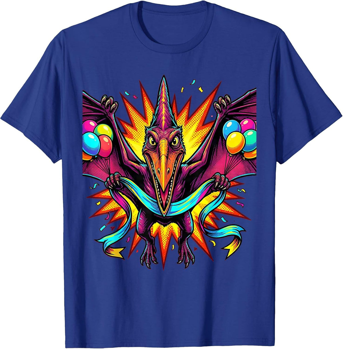 Pterodactyl Birthday Banner Dinosaur Graphic T-Shirt - Royal Blue