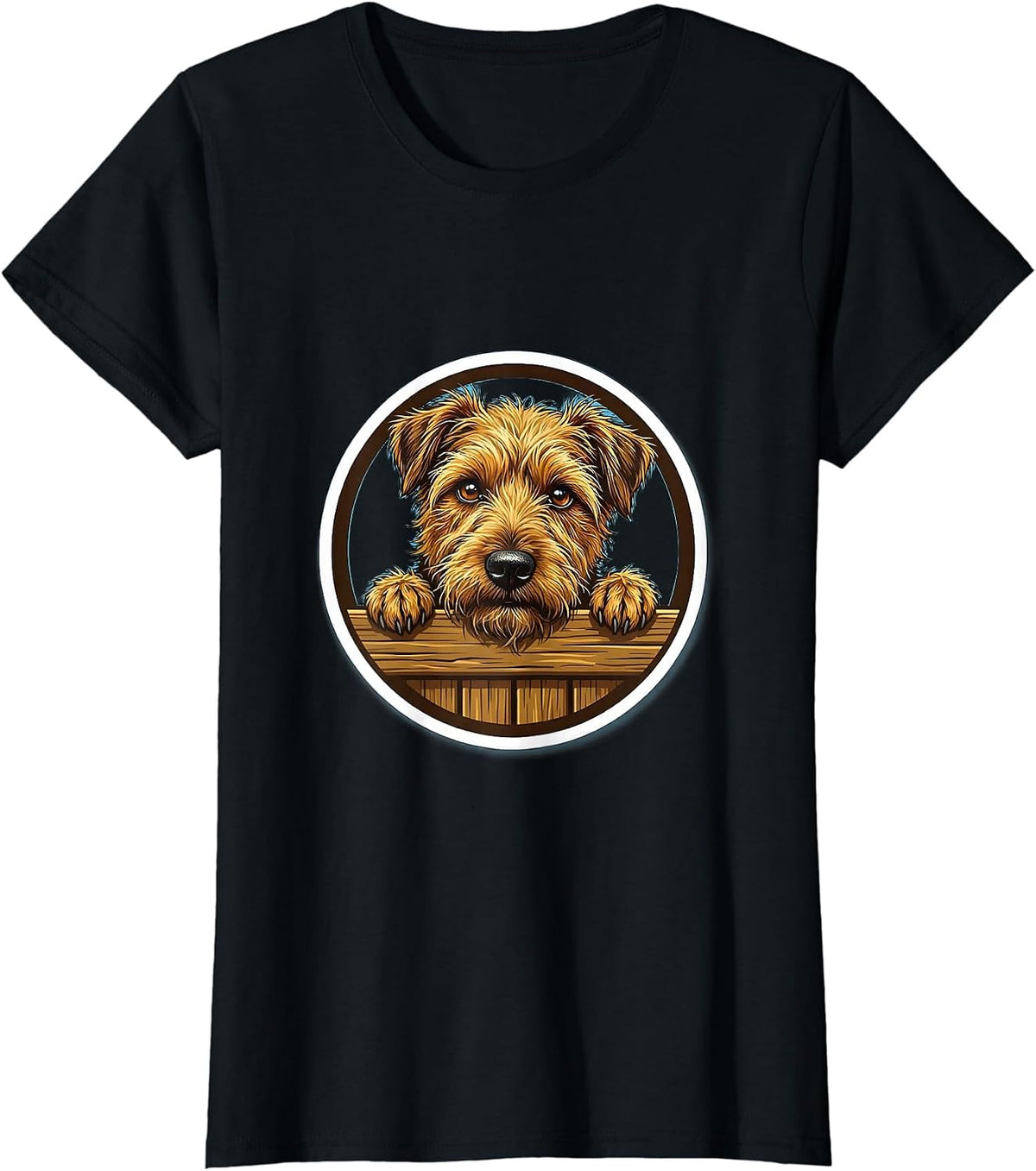 Scruffy Terrier Peeking Over Fence Graphic T-Shirt - Black