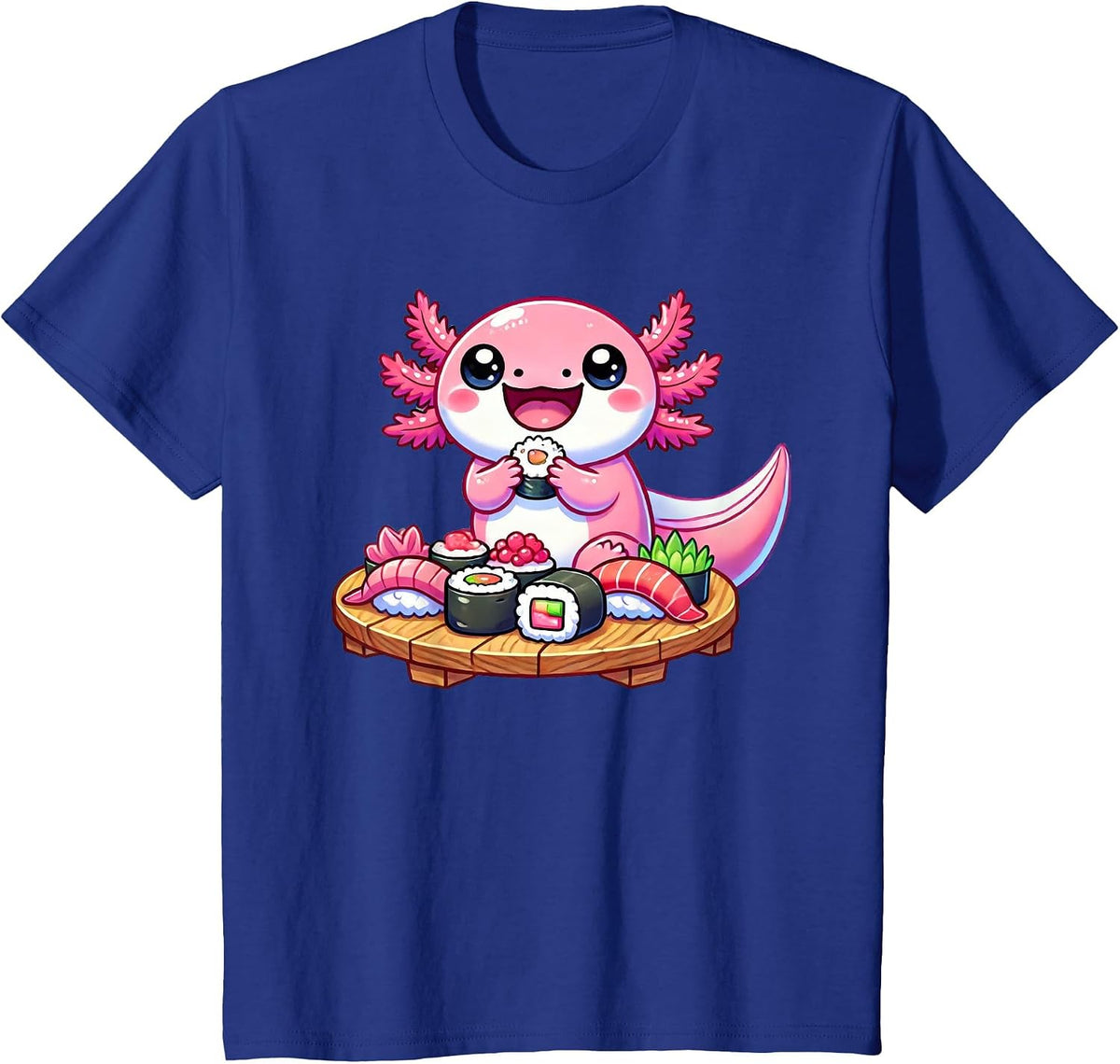 Kawaii Axolotl Eating Sushi T-Shirt - Royal Blue