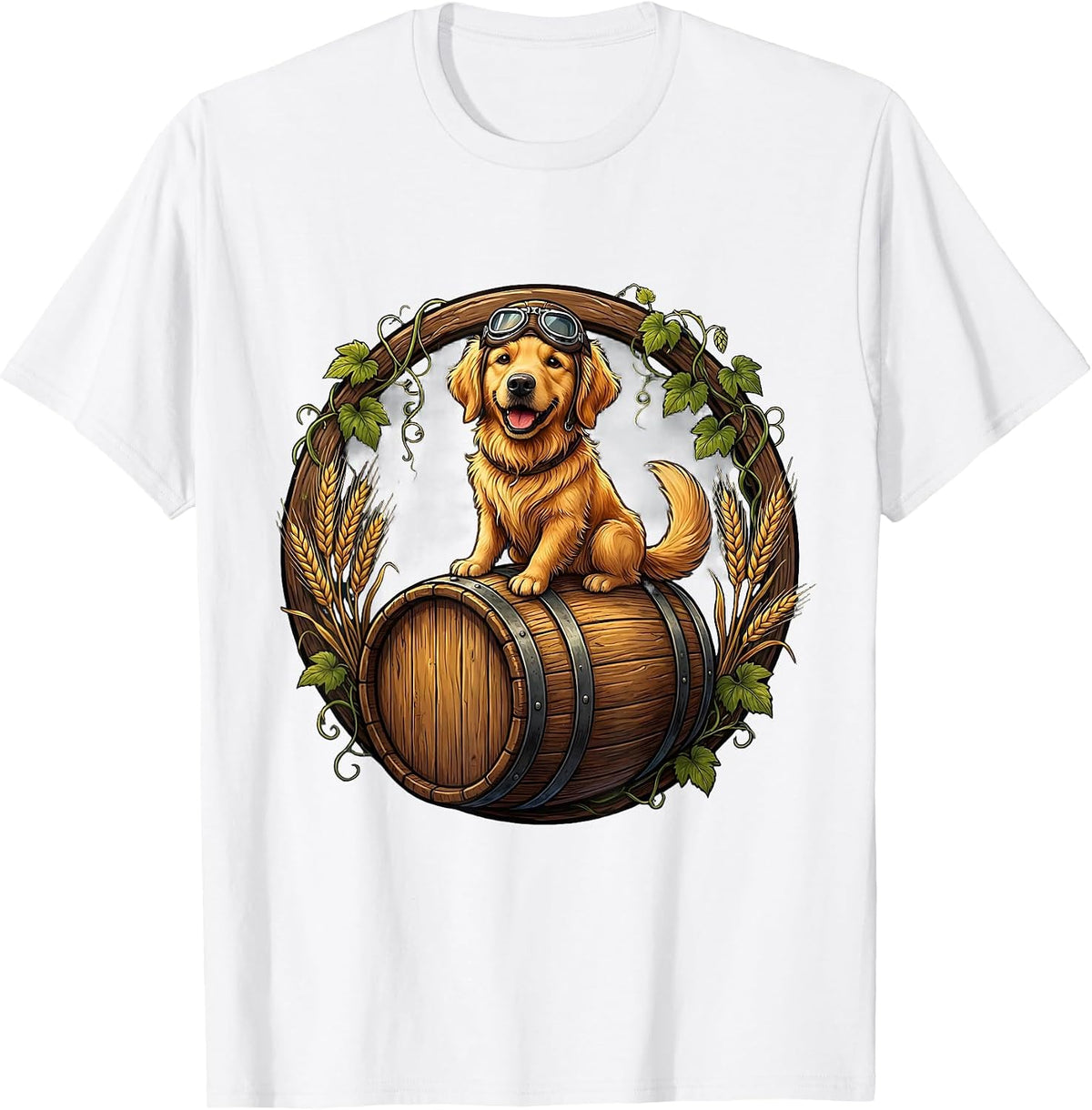 Men's Dog Riding Beer Barrel With Goggles Funny Art T-Shirt - White