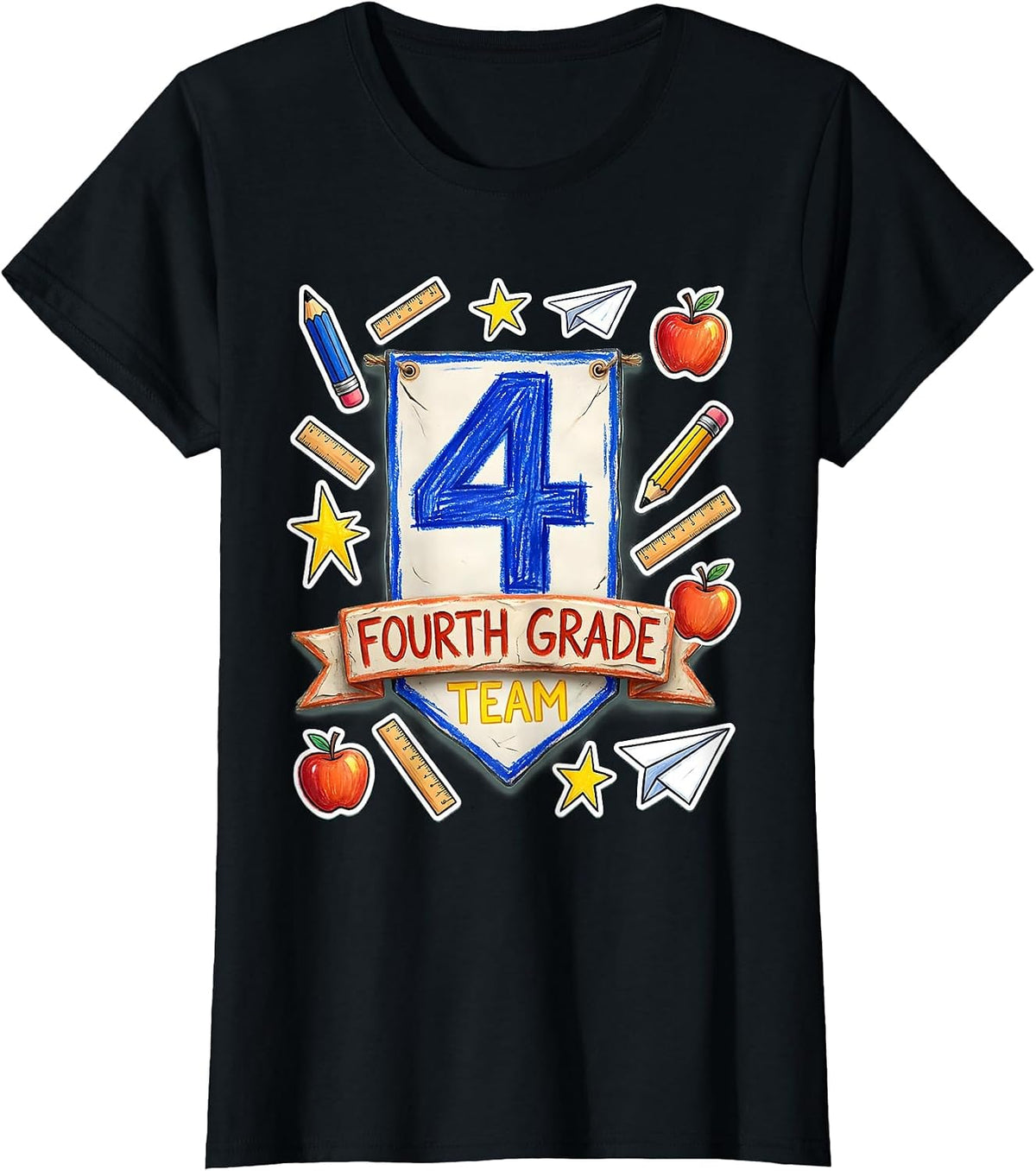 Fourth Grade Team Naive Kidcore Teacher Back to School T-Shirt - Black