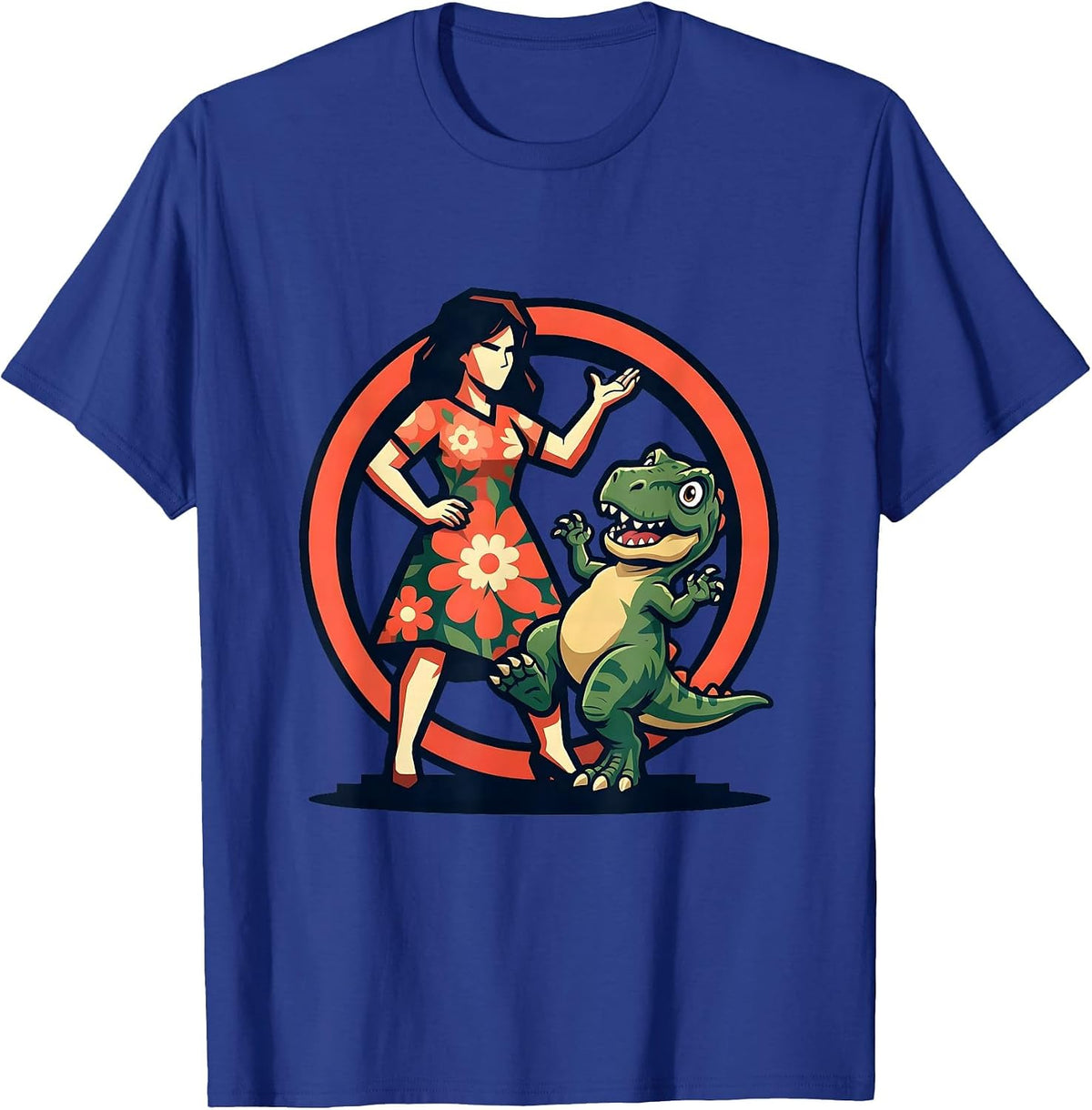 Floral Dress Dinosaur Tamer Graphic Design T-Shirt - Royal Blue