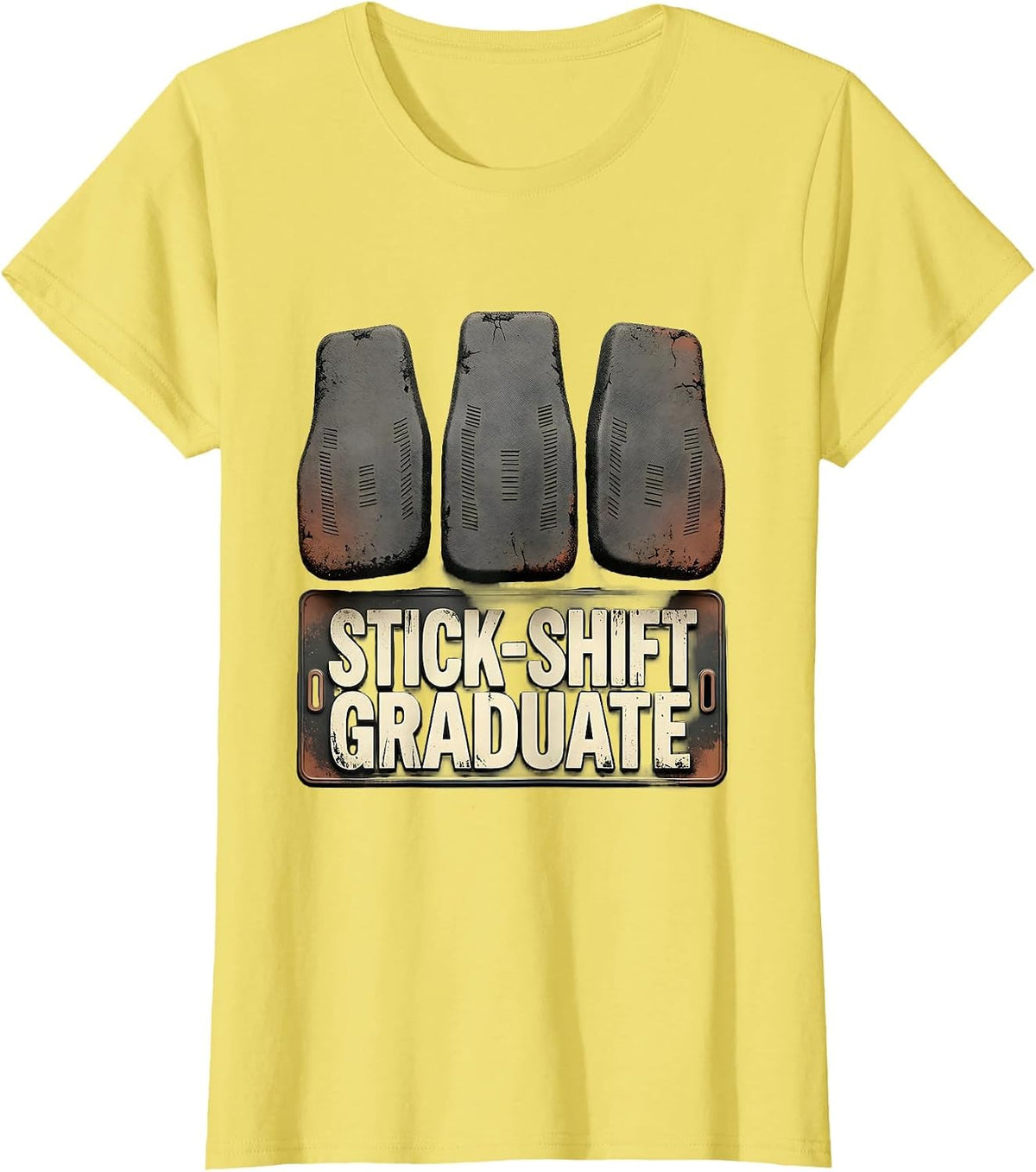 Women's Stick-Shift Graduate Distressed Manual Transmission Car Guy T-Shirt - Lemon Yellow