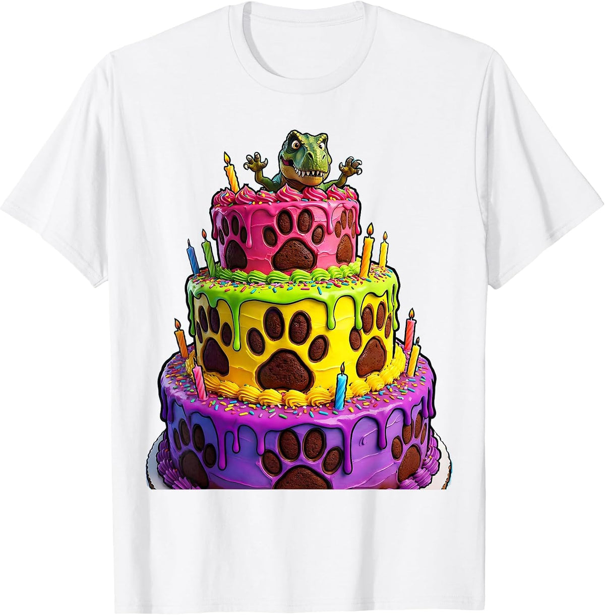 Dinosaur Birthday Cake Stack Illustration T-Shirt - White