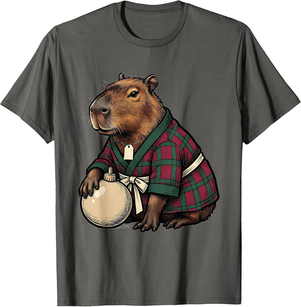 Men's Reclining Capybara Checked Robe Holiday Humor T-Shirt - Asphalt Grey