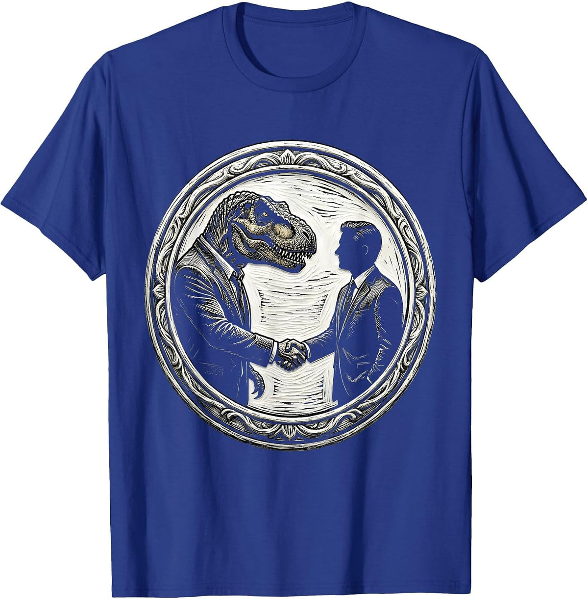 Dinosaur and Human Handshake in Suits Graphic T-Shirt - Royal Blue