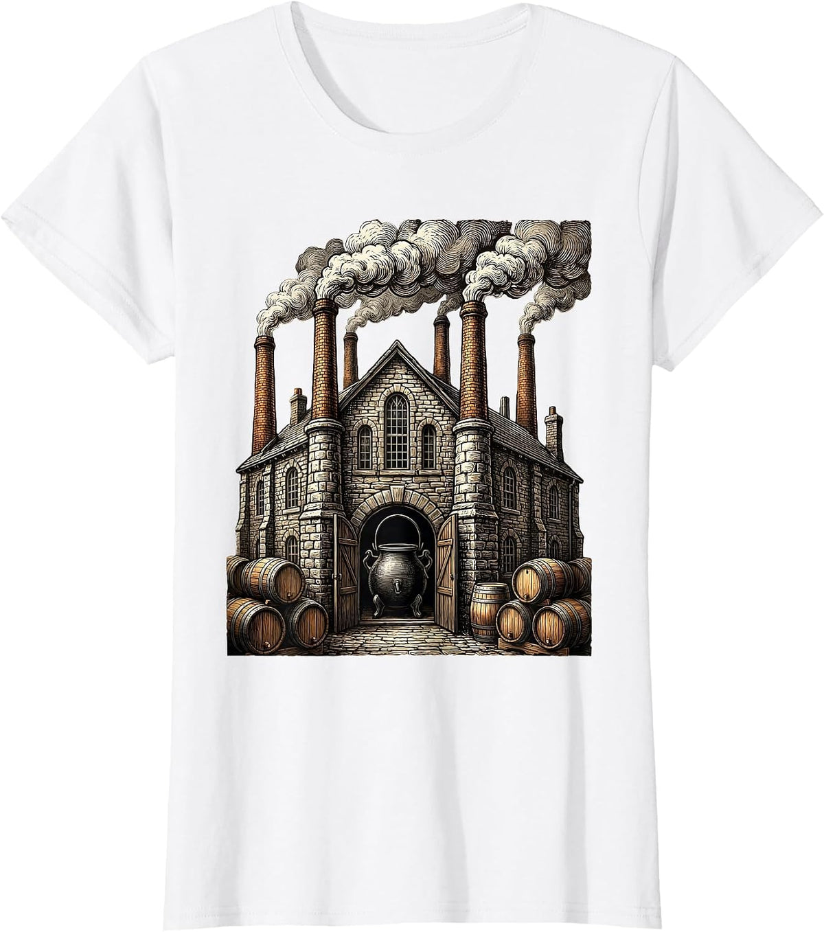 Old-Fashioned Brewery Smoking Chimneys Graphic T-Shirt - White
