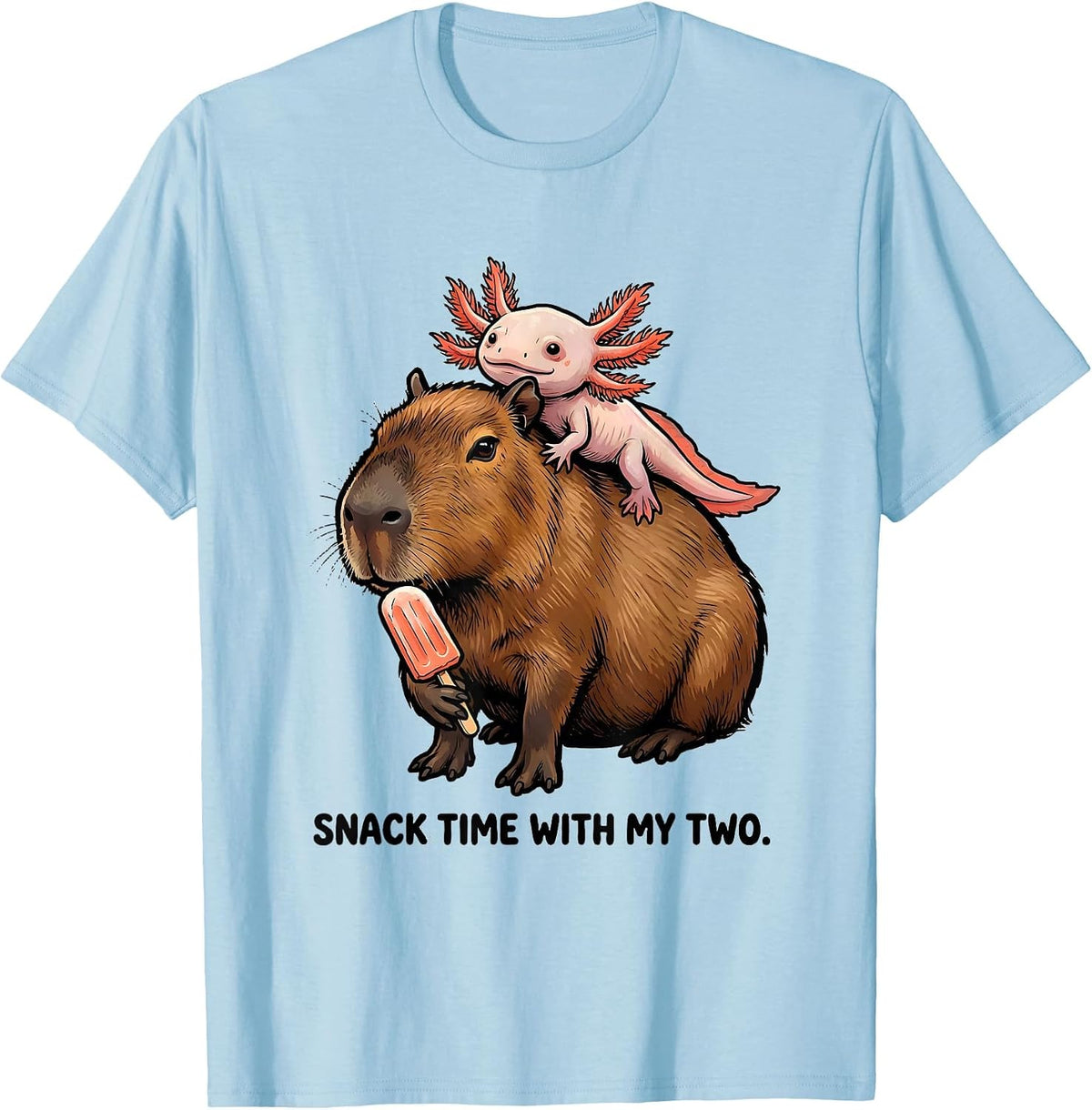 Snack Time With My Two Cute Capybara Axolotl Kawaii Animal T-Shirt - Baby Blue