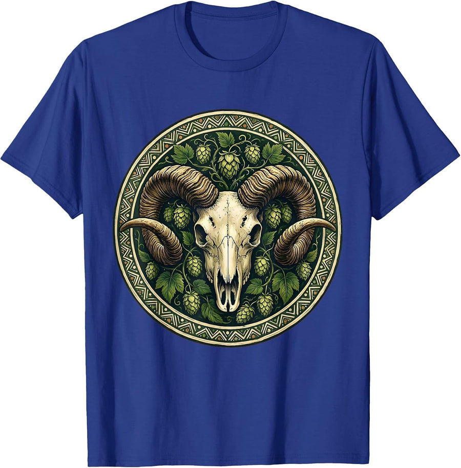 Ram Skull Hop Vines Beer Craft Brew Art T-Shirt - Royal Blue