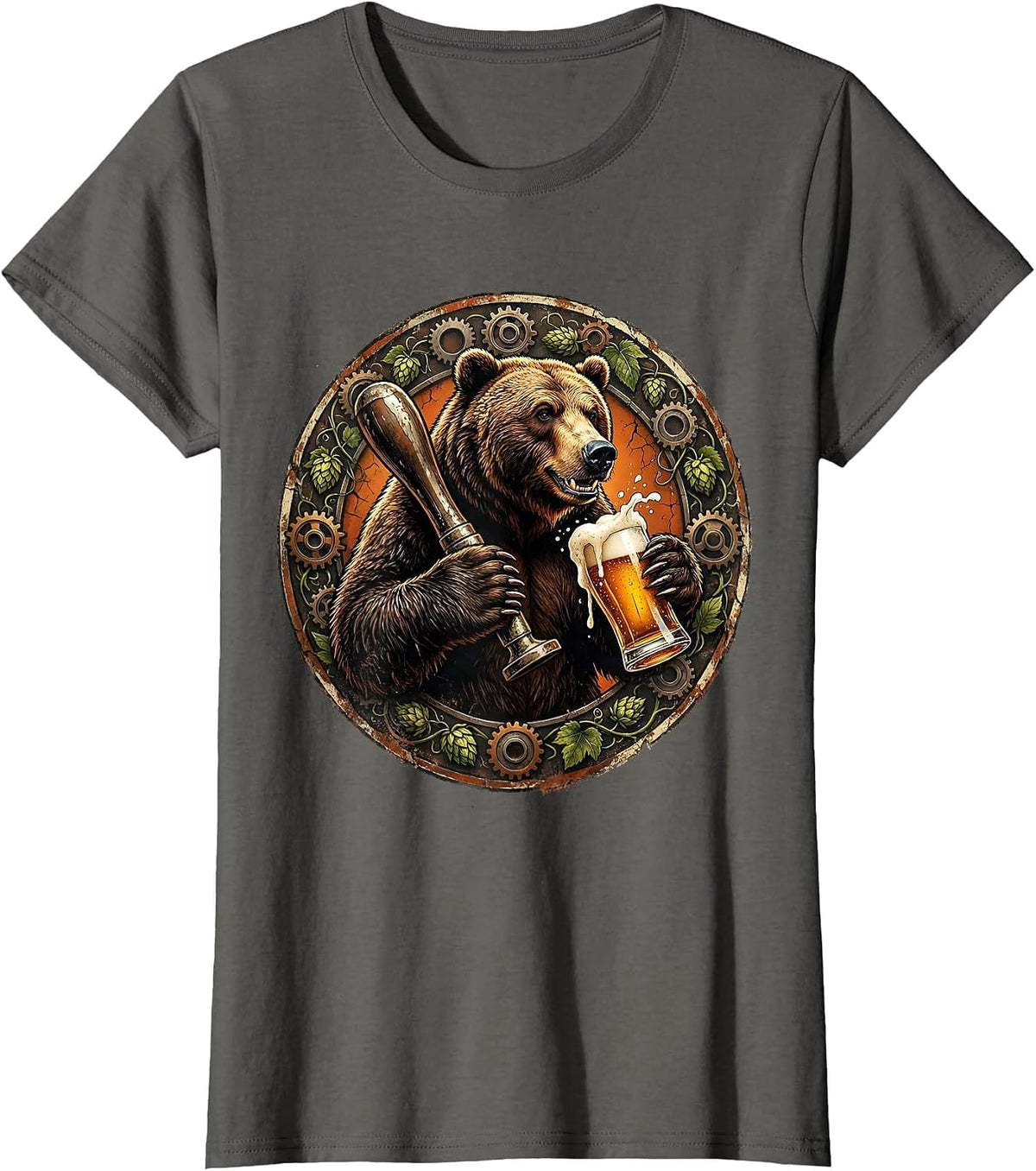Women's Grizzly Bear Bartender Pouring Draft Beer Graphic T-Shirt - Asphalt Grey
