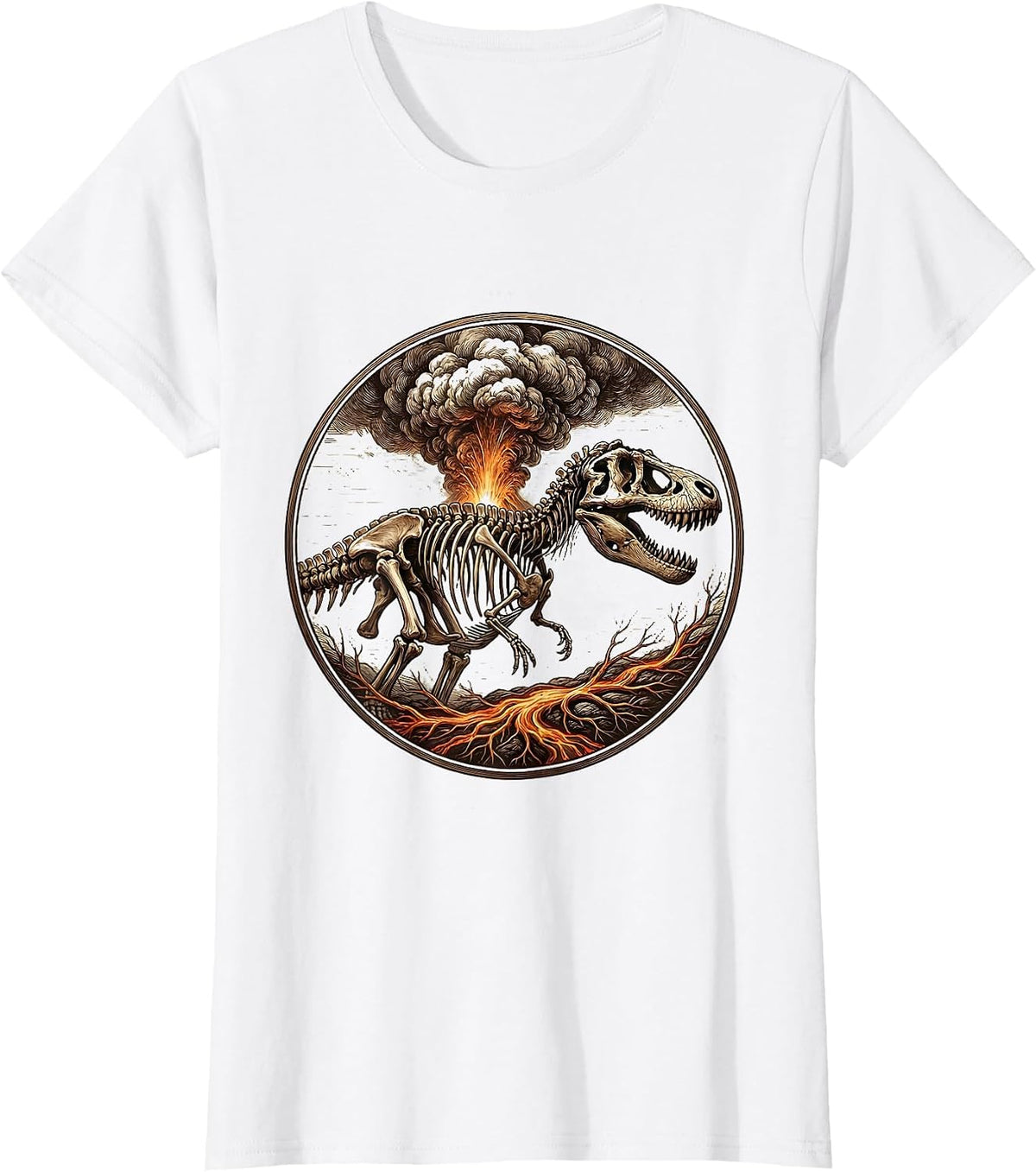 T-Rex Silhouette Volcanic Eruption Dinosaur Design T-Shirt - White