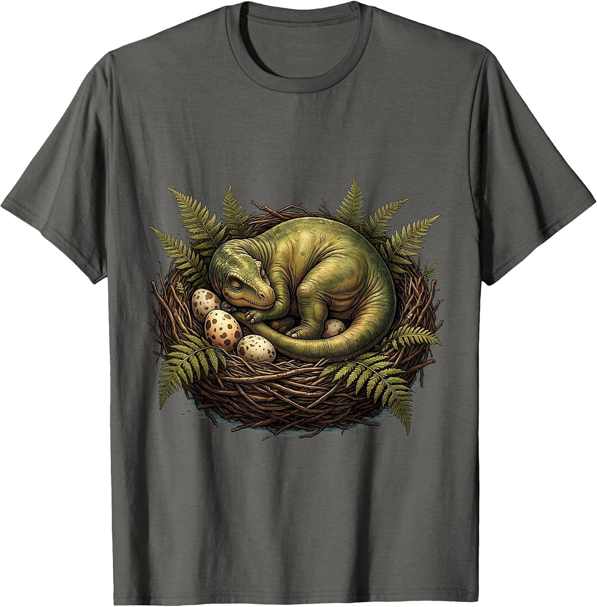 Baby Diplodocus Sleeping in Nest Dinosaur Graphic T-Shirt - Asphalt Grey