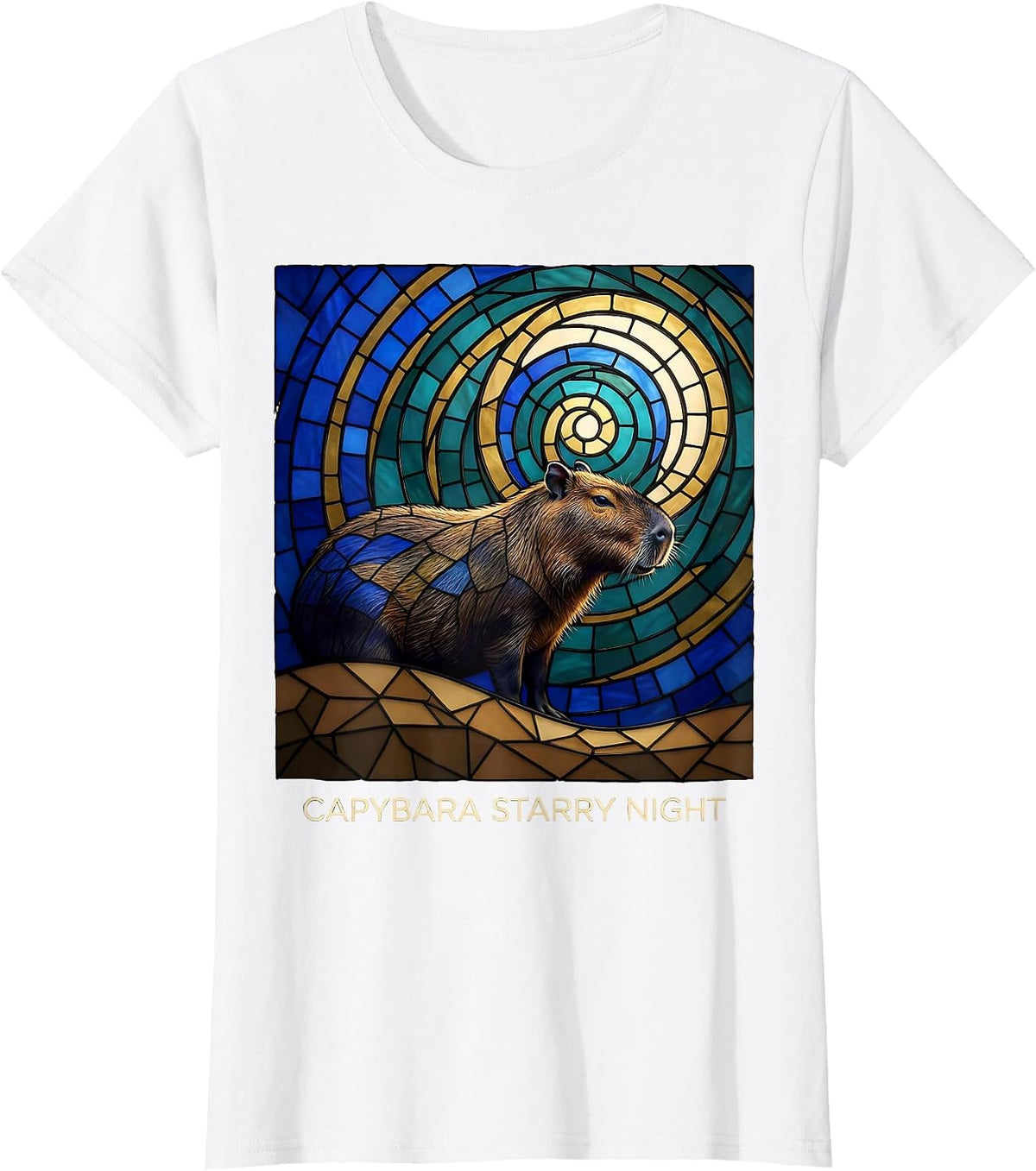 Capybara Starry Night Stained Glass Mosaic Animal Lover Van T-Shirt - White