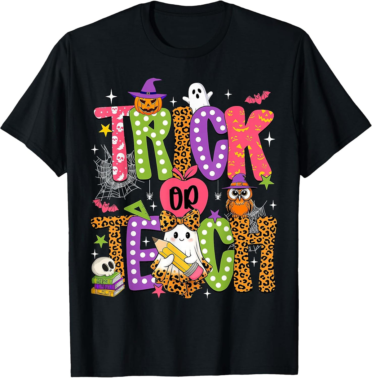 Retro Trick Or Teach Leopard Ghost Halloween Spooky Teacher T-Shirt, Men, Black, Small - As Pictured