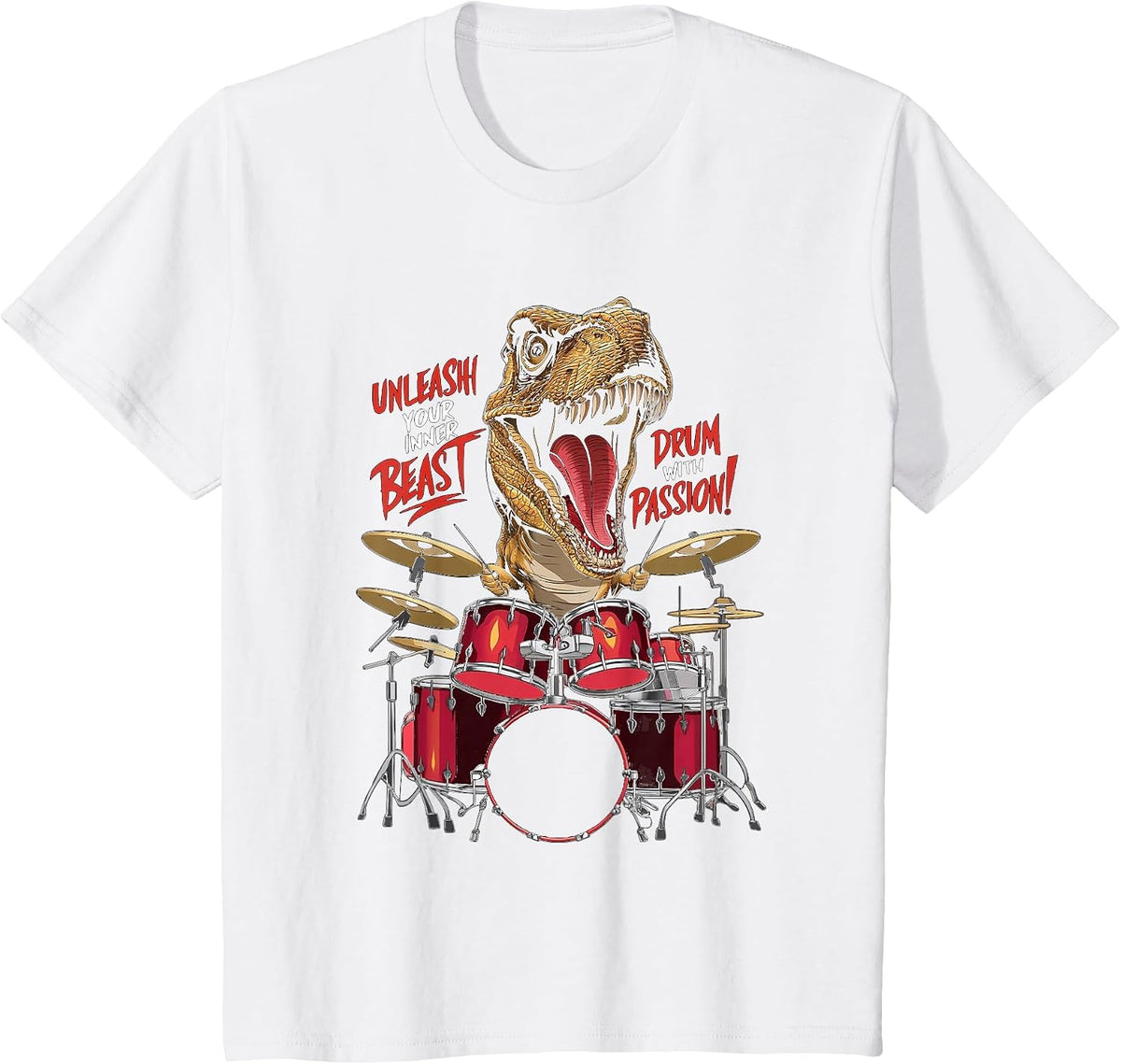 Cool Dinosaur Drummer - Boys Girls Kids Drummers T-Shirt - White