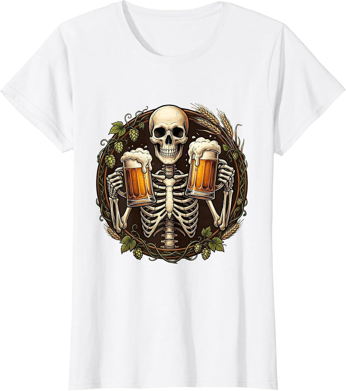 Women's Skeleton Cheers Beer Drinking Skull Graphic T-Shirt - White