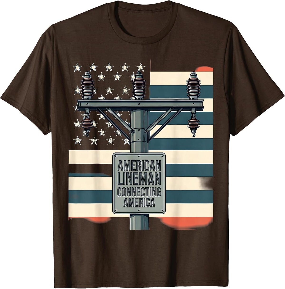 American Lineman Connecting America Flat Vector Patriotic T-Shirt - Brown