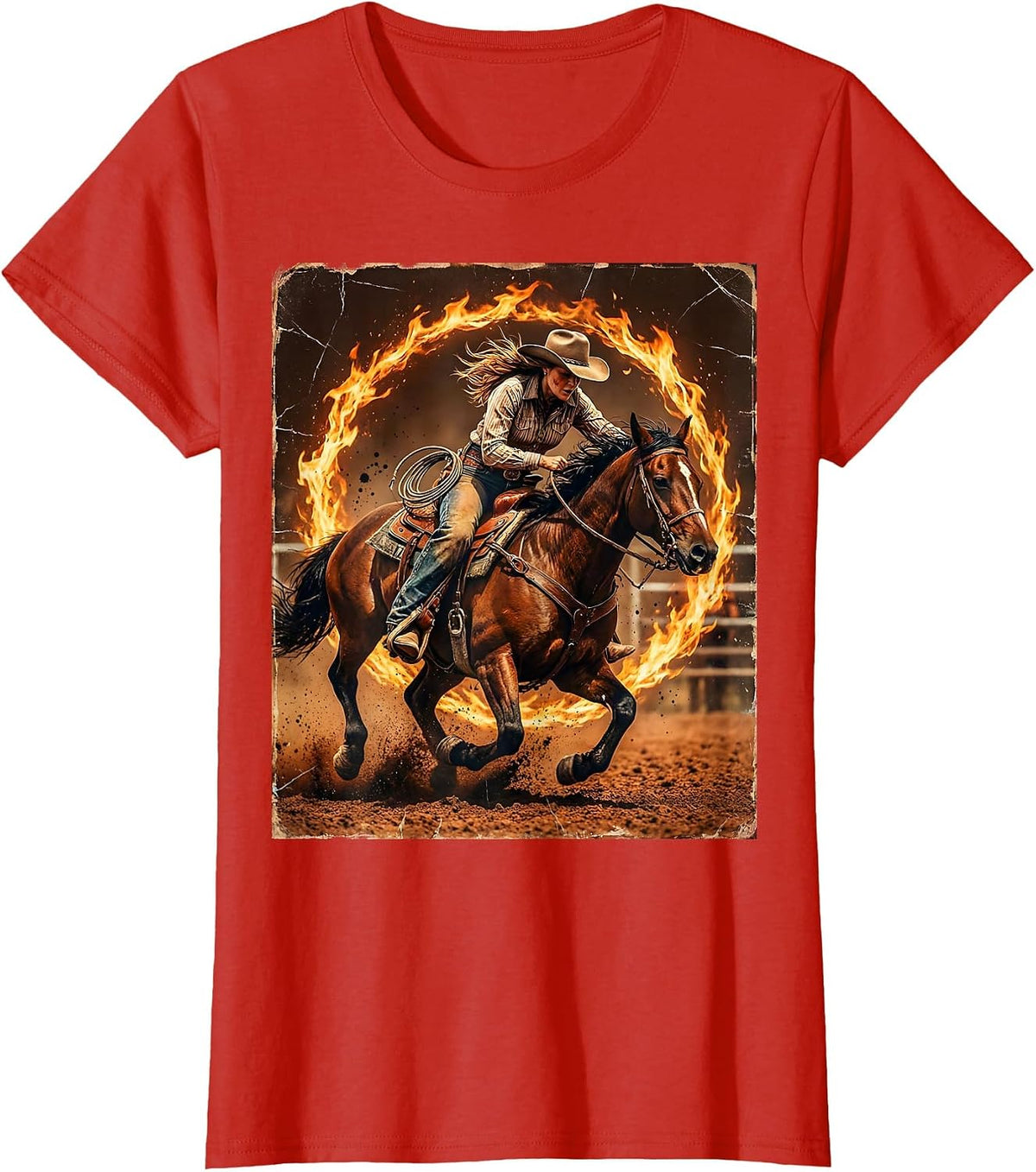 Cowgirl Barrel Racing Fire Ring Graphic T-Shirt - Red
