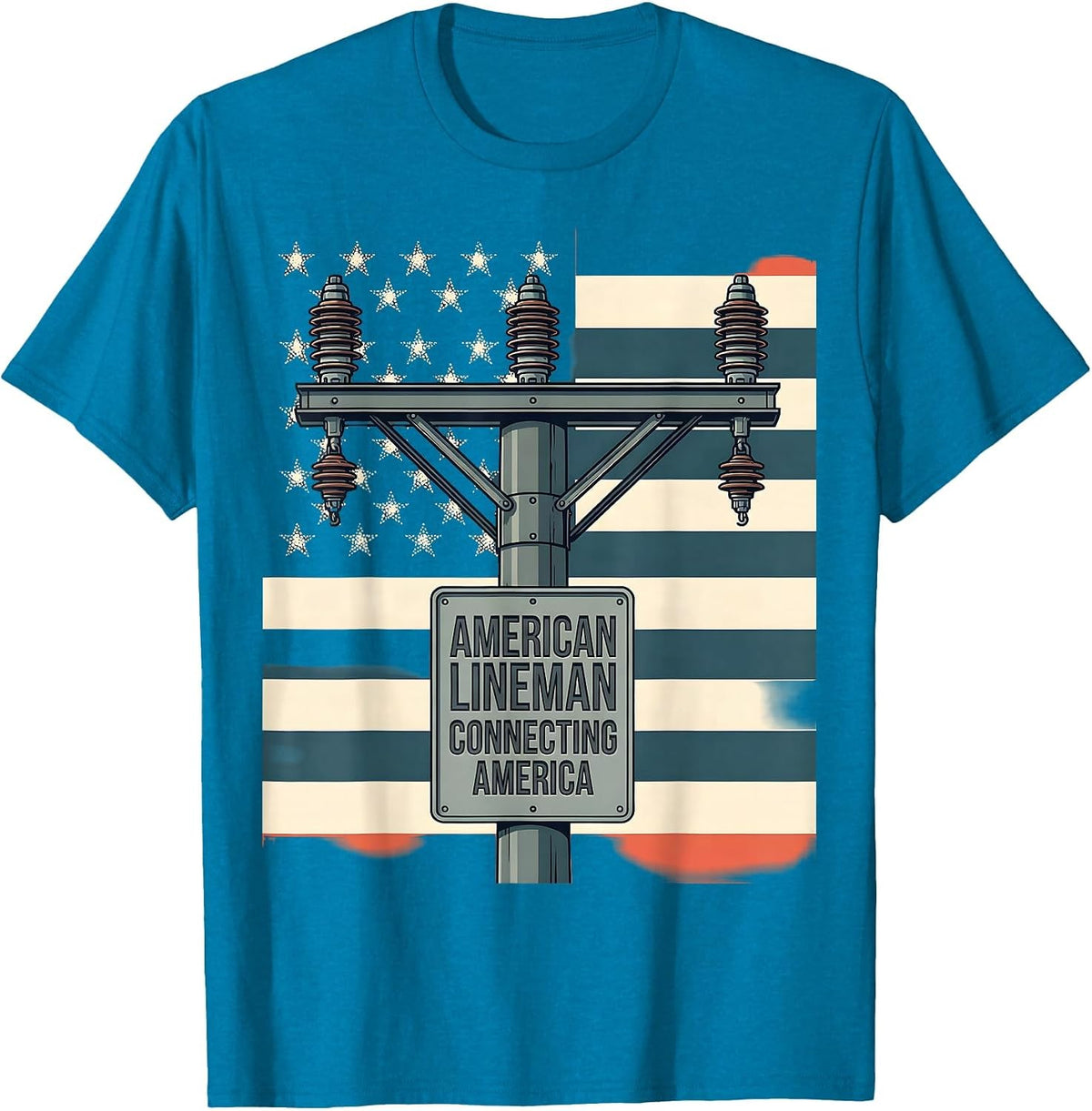 American Lineman Connecting America Flat Vector Patriotic T-Shirt - Sapphire Blue