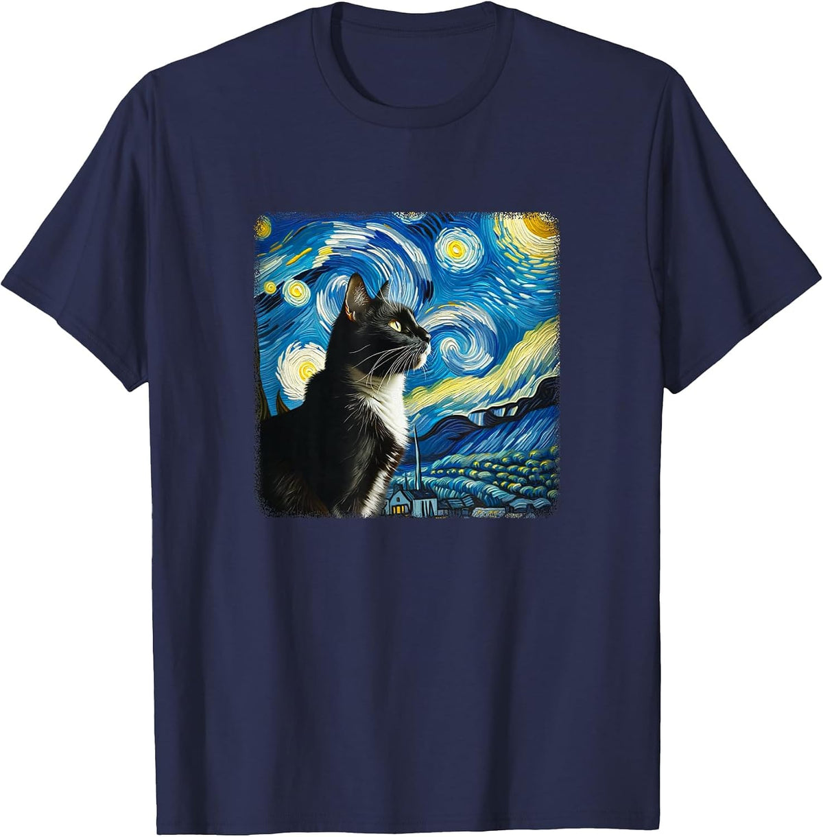 Tuxedo Cat Starry Night - Van Gogh Style - T-Shirt - Navy Blue