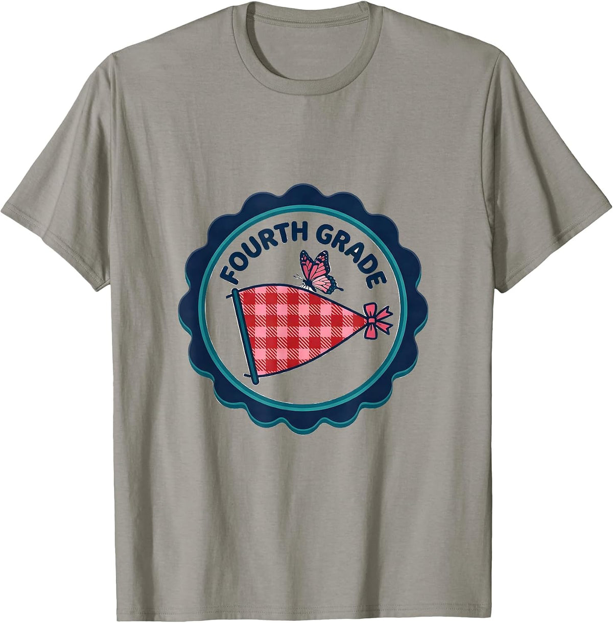 Men's Fourth Grade Gingham Pennant Back To School Teacher Girl T-Shirt - Slate Grey
