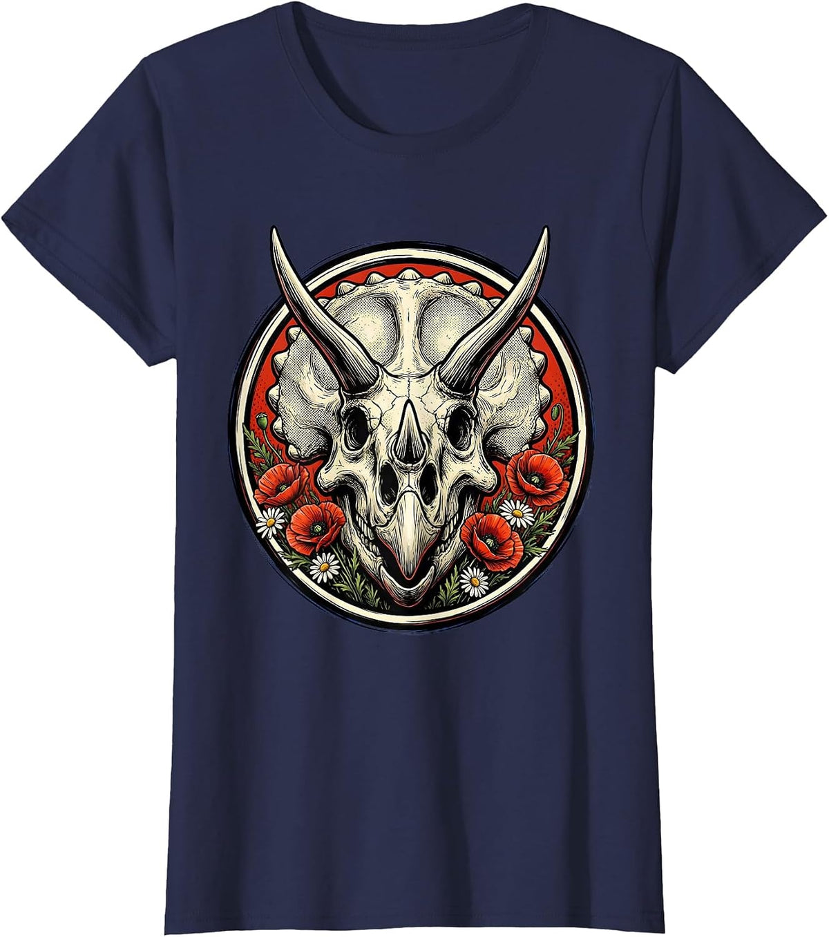 Women's Triceratops Skull Wildflowers Dinosaur Illustration T-Shirt - Navy Blue
