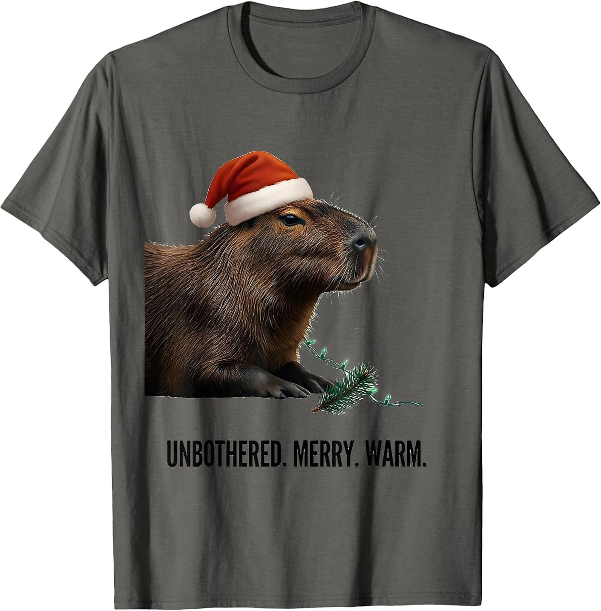 Unbothered. Merry. Warm. Cute Capybara Christmas Family T-Shirt - Asphalt Grey