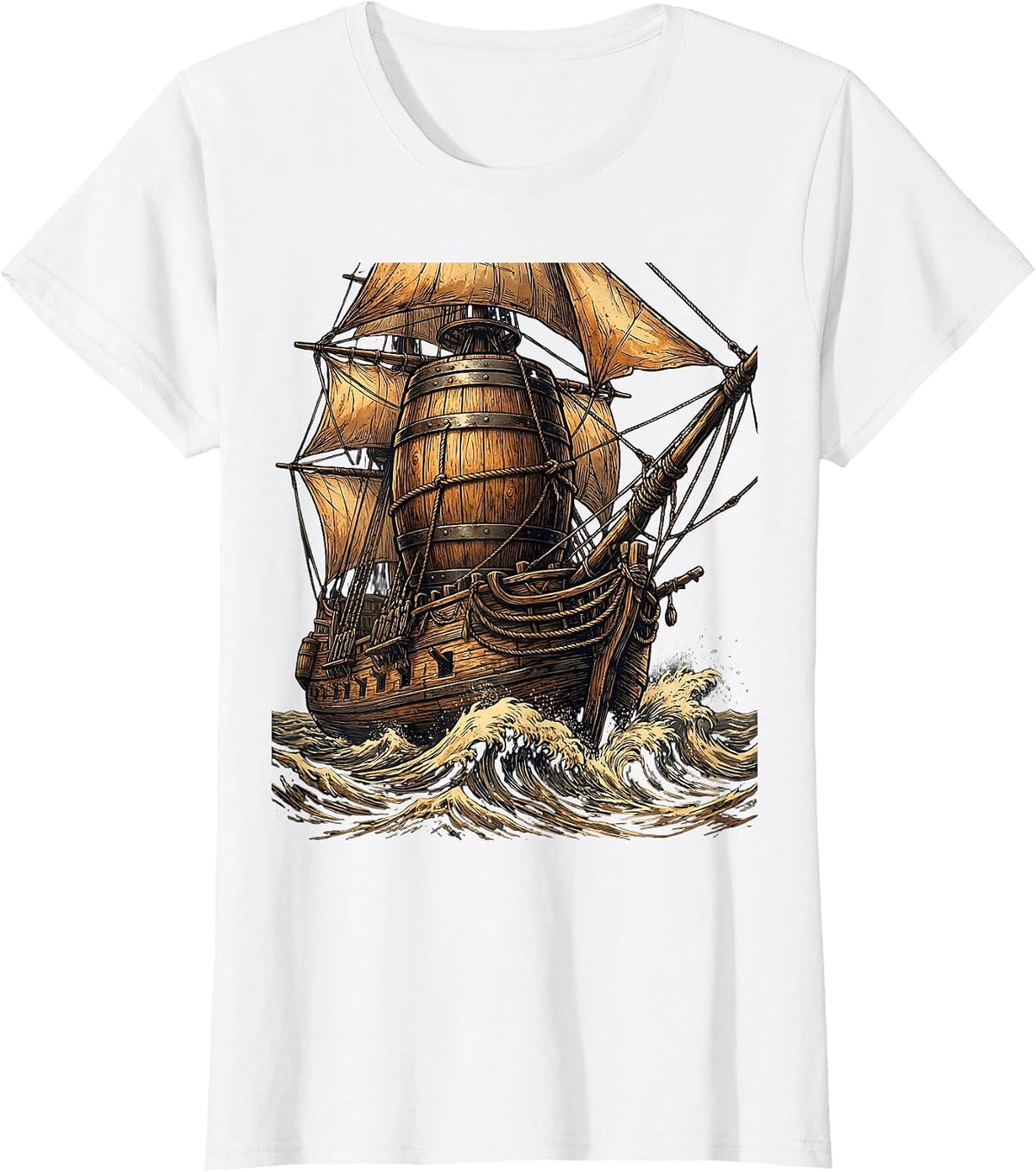 Old Wooden Ship Beer Barrel Mast Illustration T-Shirt - White