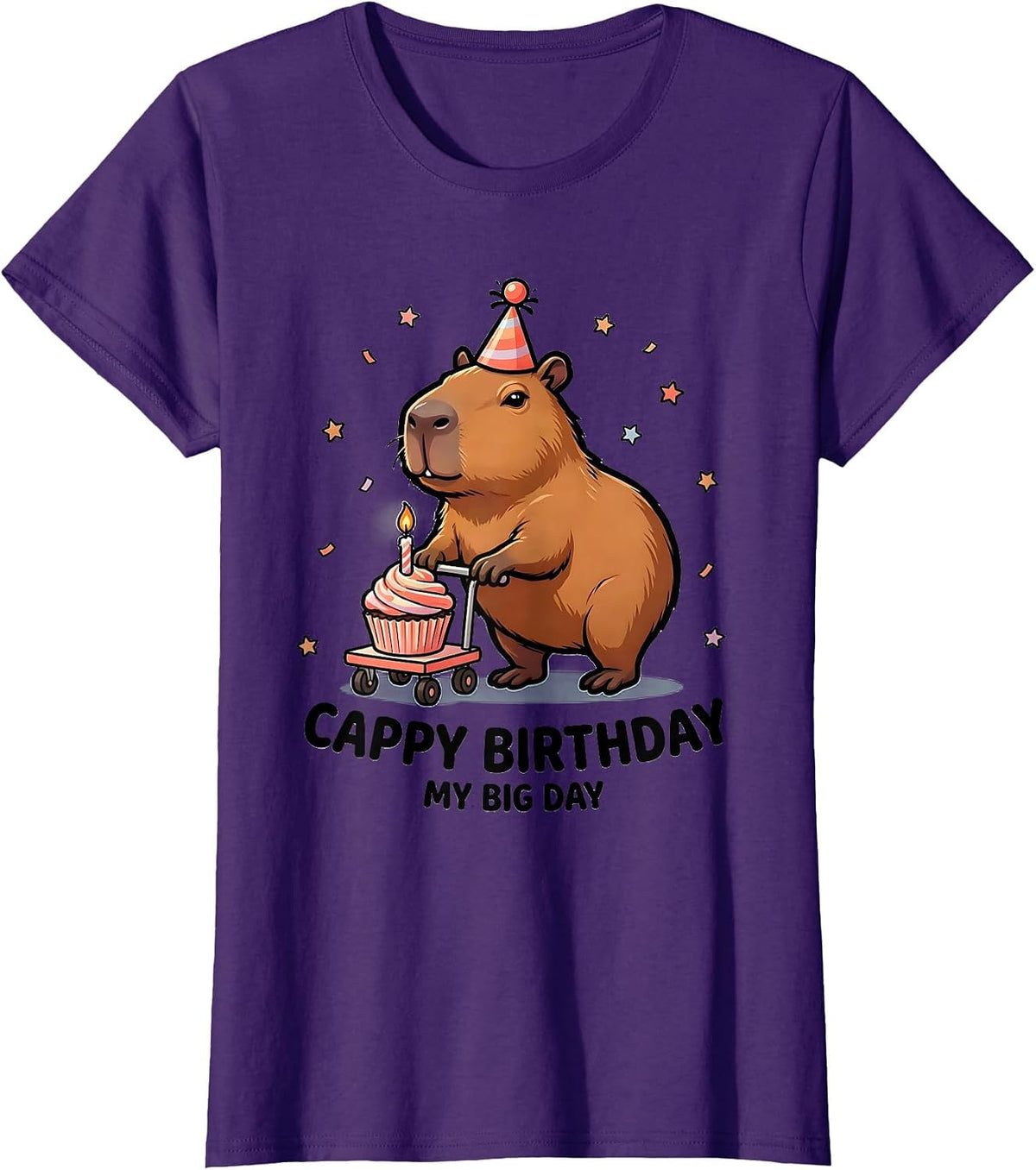 Women's Cappy Birthday My Big Day Cartoon Capybara Birthday Girl T-Shirt - Purple