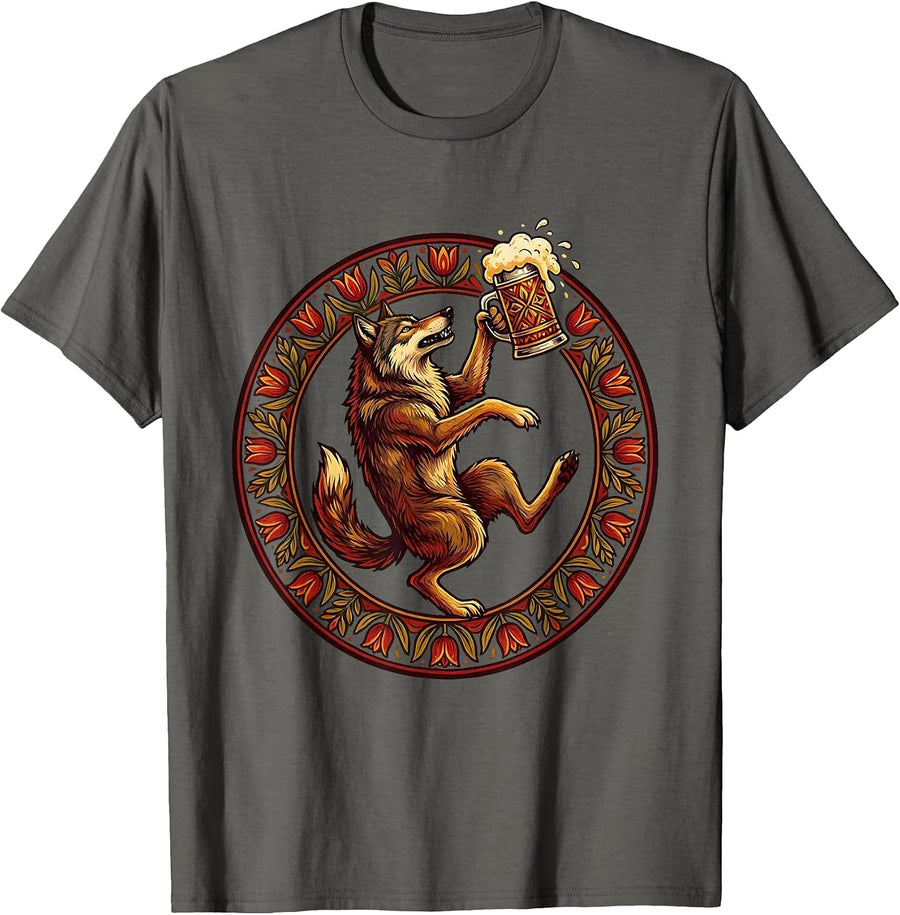 Wolf Howling with Beer Stein Prost Graphic T-Shirt - Asphalt Grey