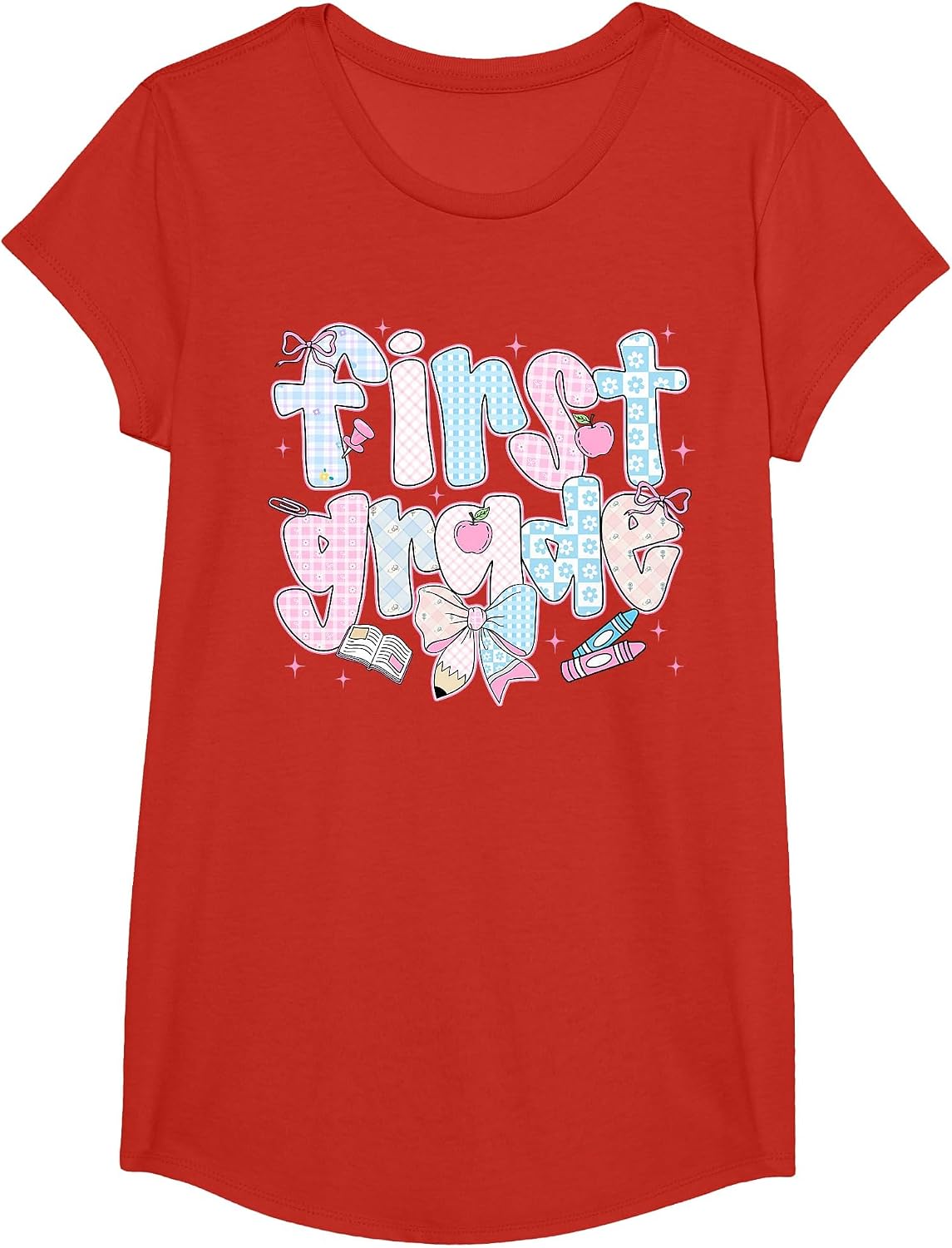 Back to School First Grade Coquette Pencil Bow First Day T-Shirt - Girls Red
