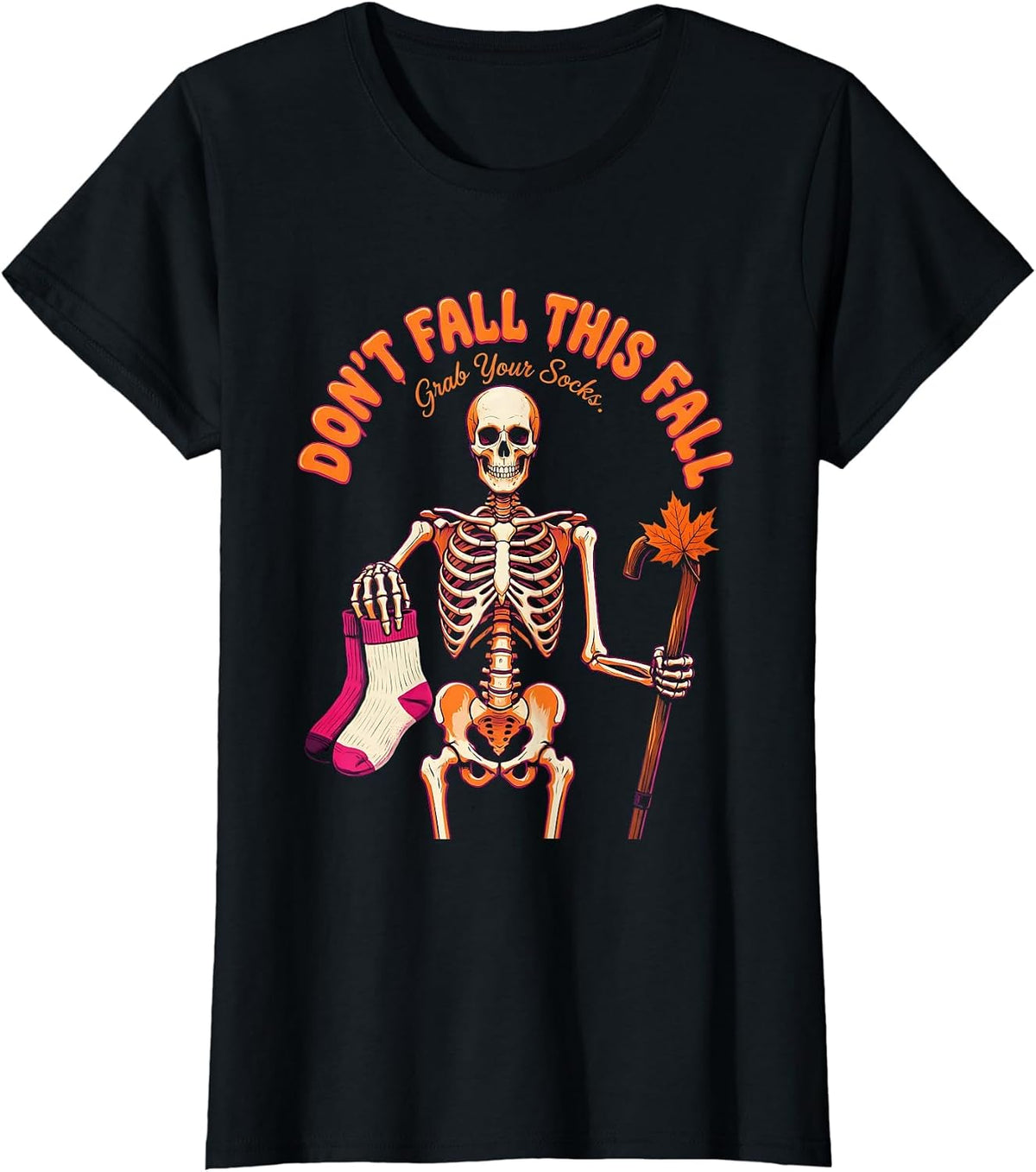 Women's Don't Fall This Fall Grab Your Socks Funny Skeleton Nurse T-Shirt - Black