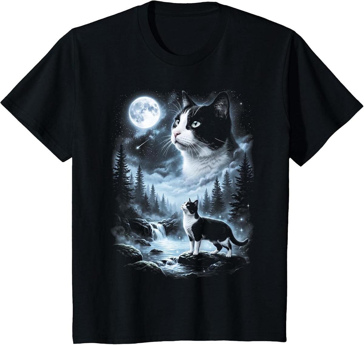Tuxedo Cat Howling at Moon 90's Retro T-Shirt - Black