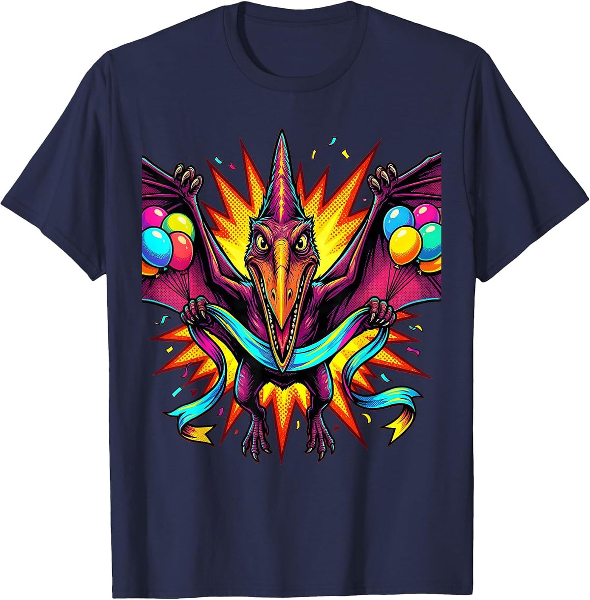 Pterodactyl Birthday Banner Dinosaur Graphic T-Shirt - Navy Blue