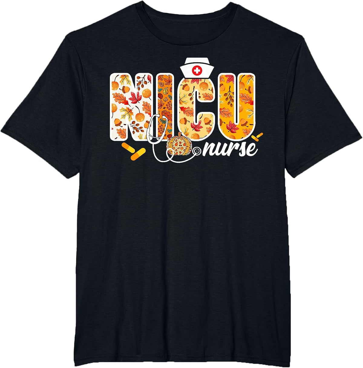 NICU Nurse Fall Autumn Leaves Thanksgiving Healthcare Worker T-Shirt - Black